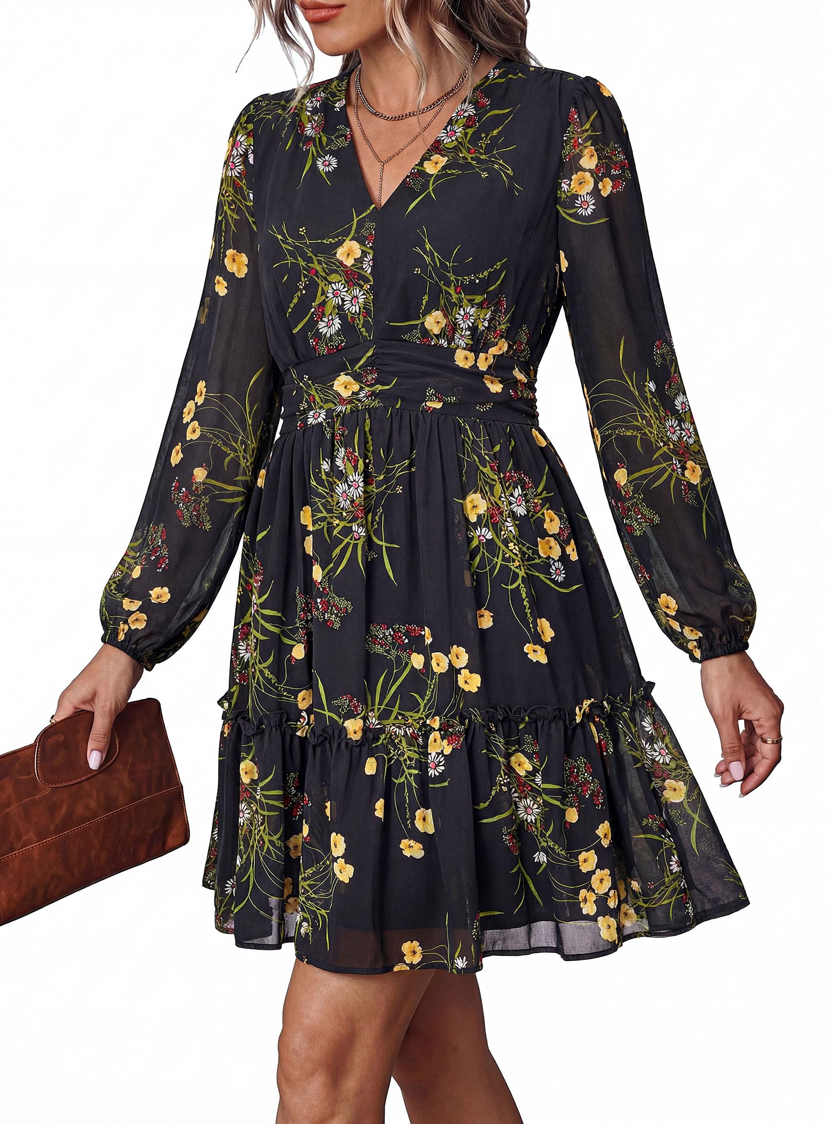 Women Floral Long Sleeve Mini Dress Fall Wedding Guest Dresses