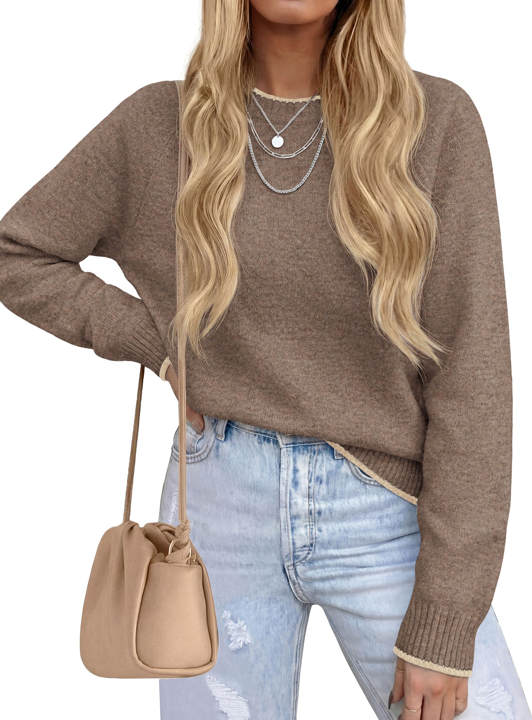 Womens Crewneck Fall Sweaters Pullover Tops,Brown,L