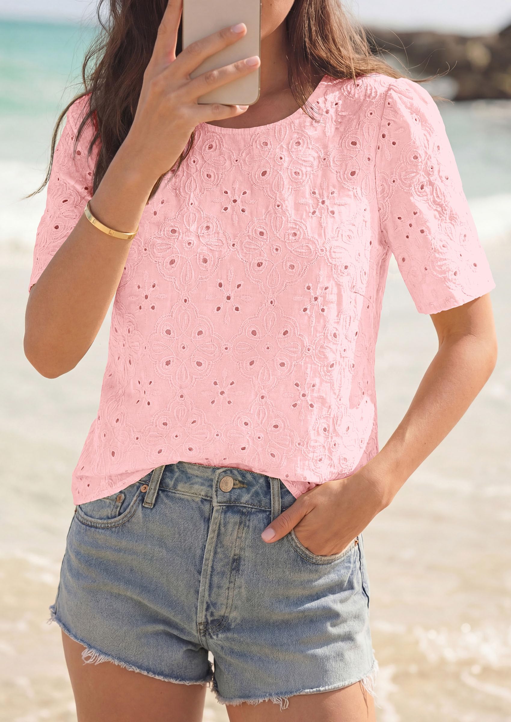Women's Embroidered Eyelet Short Sleeve Blouse, Pink,XS