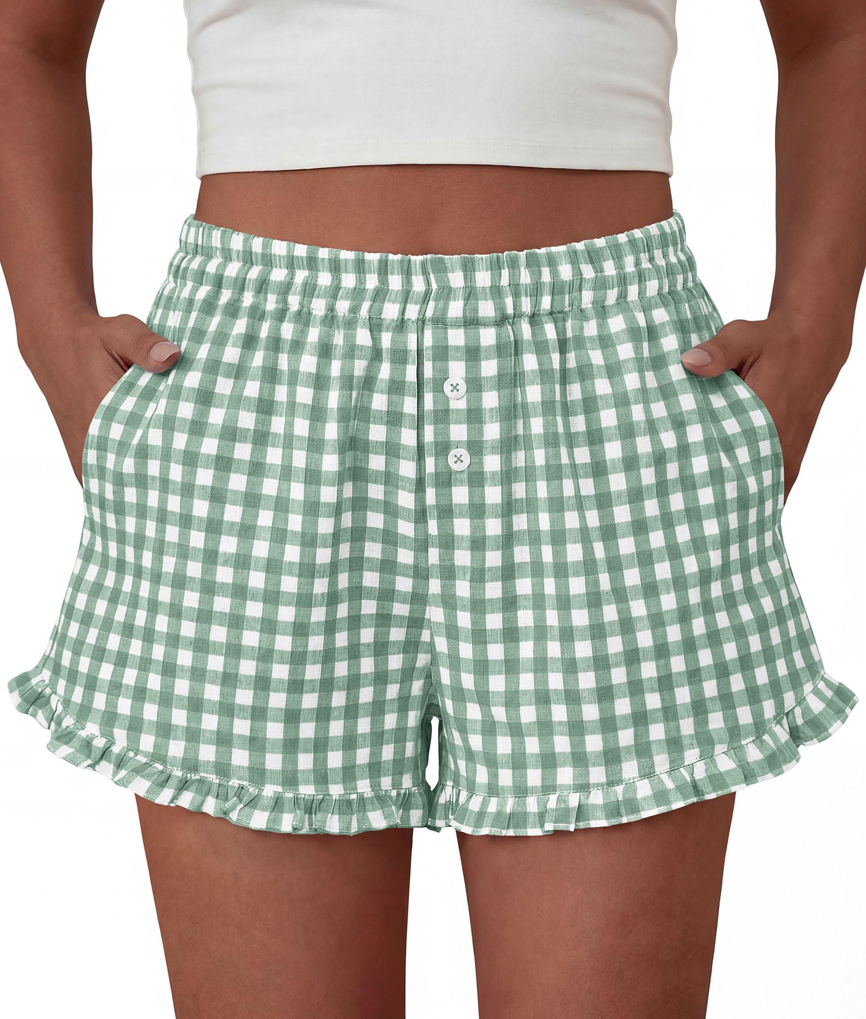 Womens Boxer Shorts Striped Gingham Ruffle Pajama Bottoms