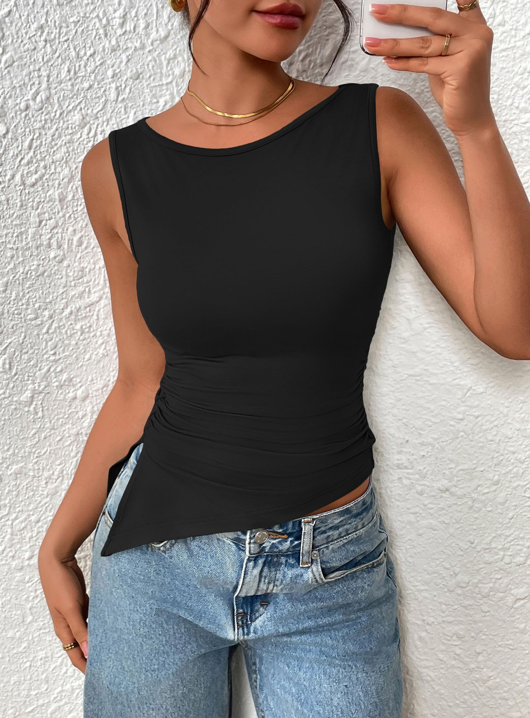 Women's Ruched Tank Tops Summer Y2K Shirts,Black,S
