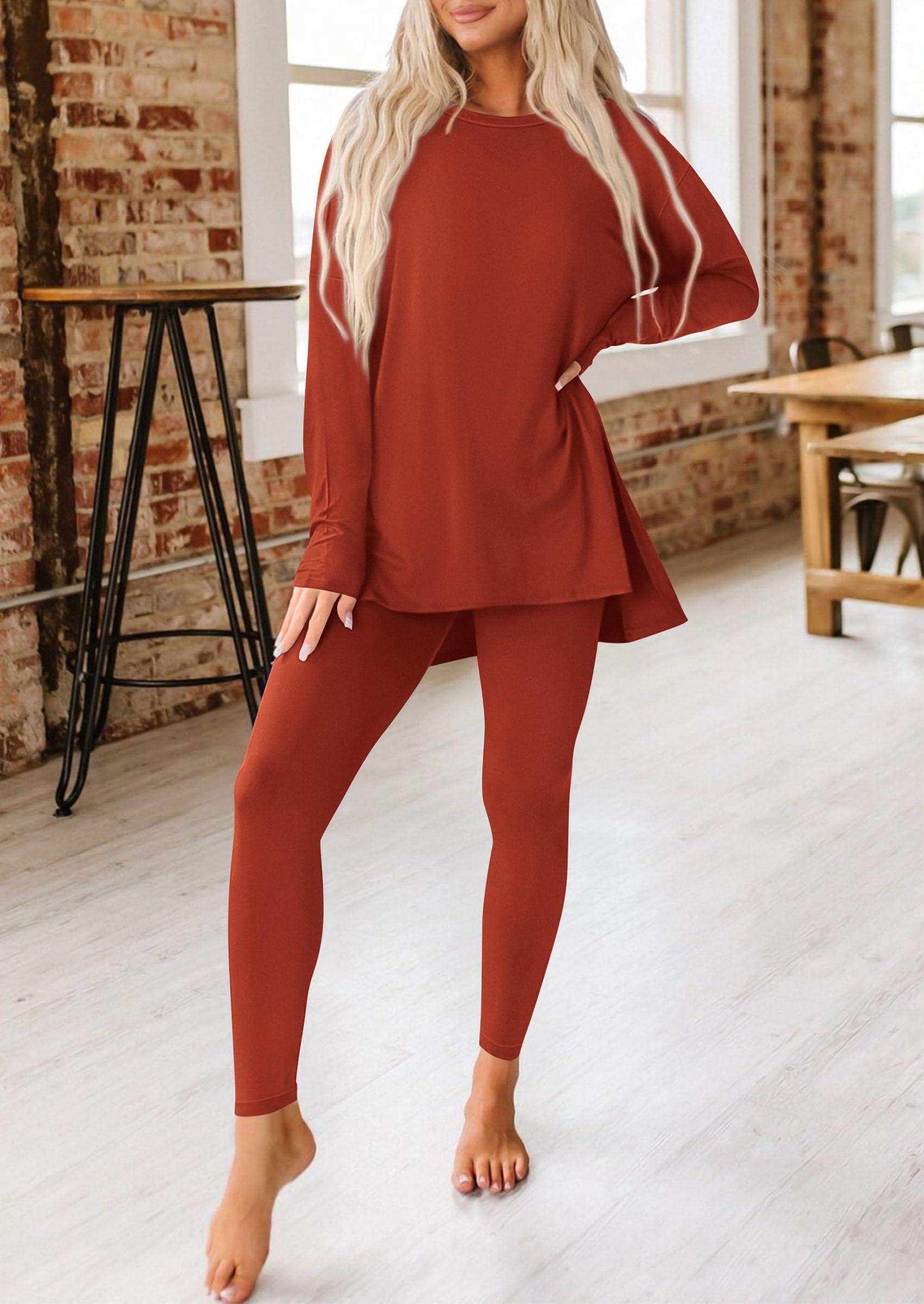 Women's 2 Piece Outfits Matching Lounge Sets,Brick Red,S