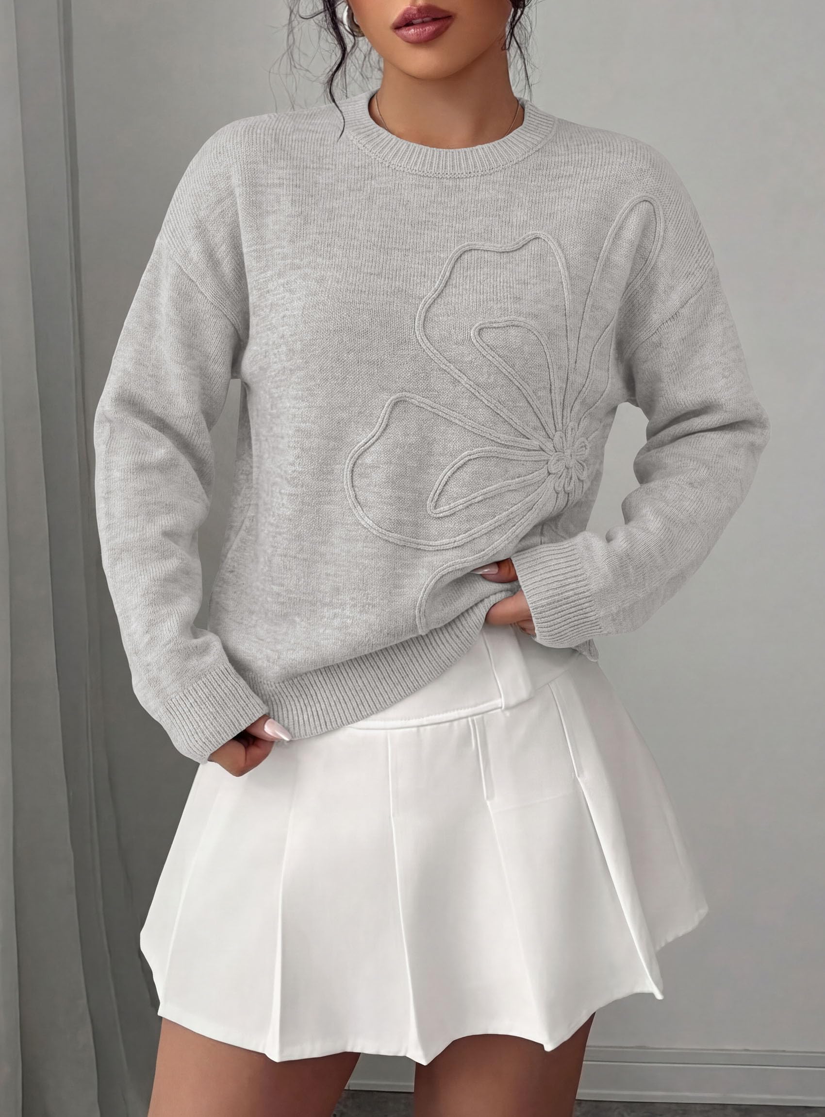 Sweaters for Women Fall Fashion Embroidered Floral Knit Tops