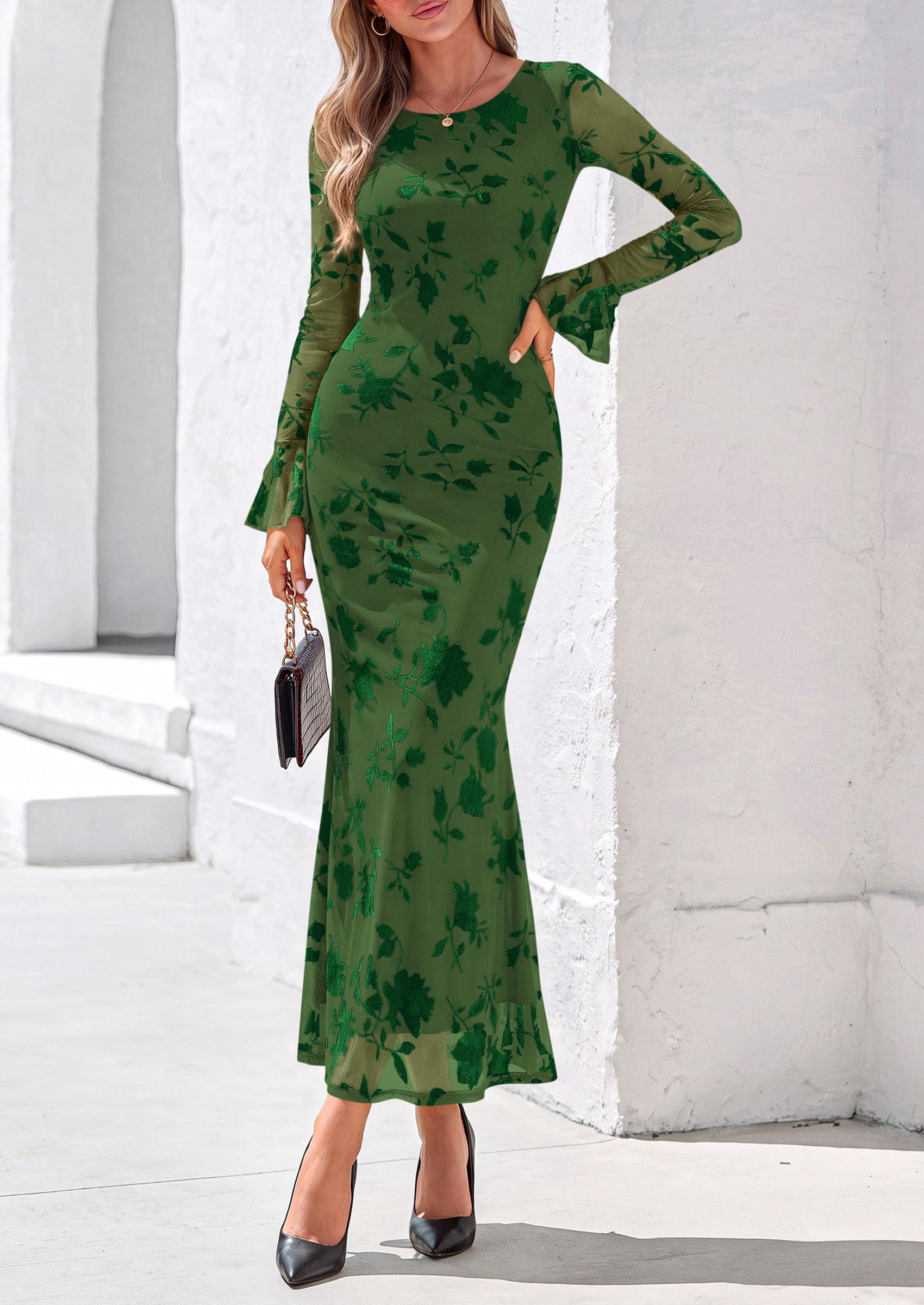 Women's Long Sleeve Maxi Floral Mesh Fall Wedding Guest Dress