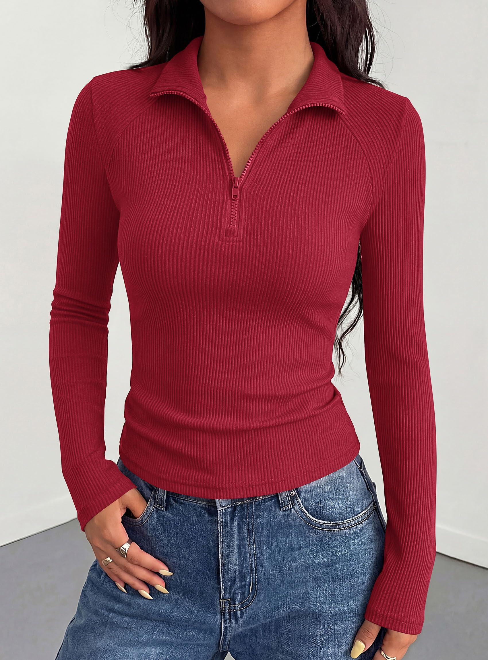 Women's Long Sleeve Shirts Fall Quarter Zip Up Pullover Tops