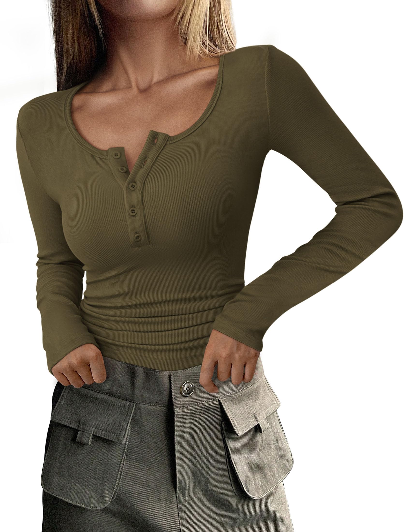 Women's Fall Long Sleeve Henley T Shirts Army Green