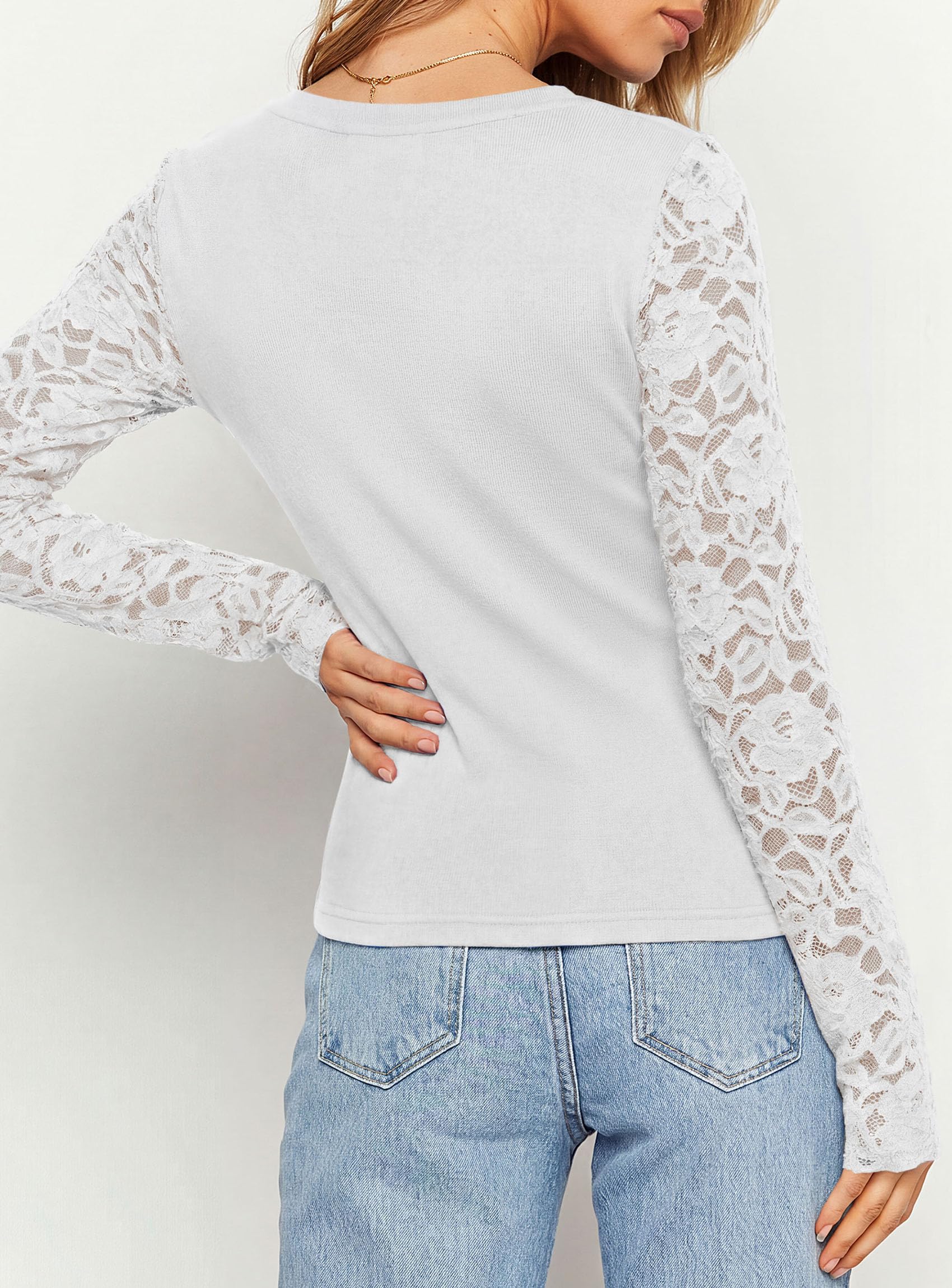 Sheer Lace Raglan Long Sleeve Shirts for Women,White,S