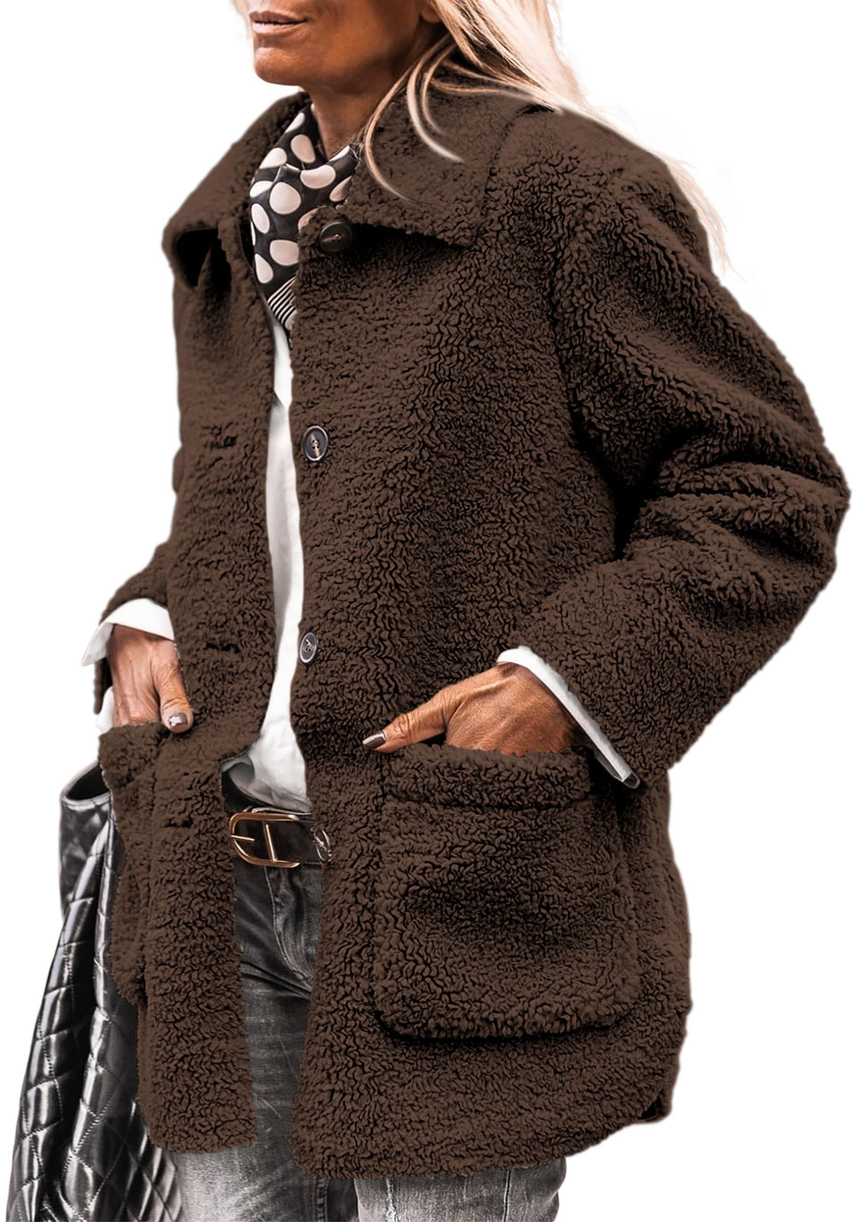 Women's Fleece Sherpa Coats Winter Outfits Coffee,S