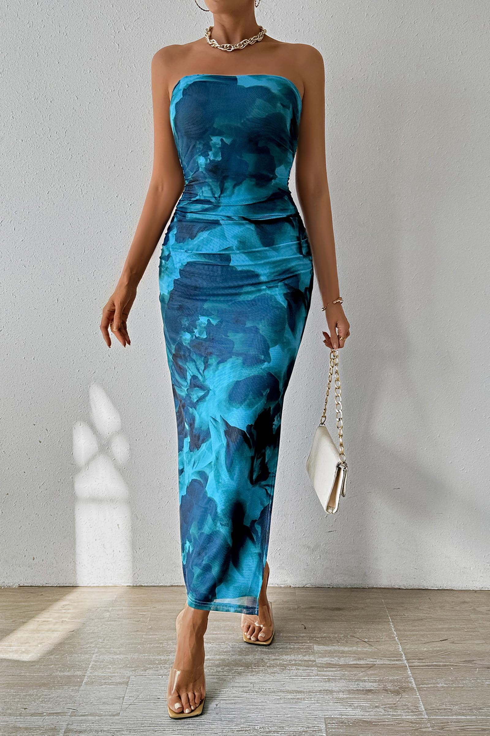 Womens Strapless Bodycon Floral Maxi Dress, Print Lake Blue,S