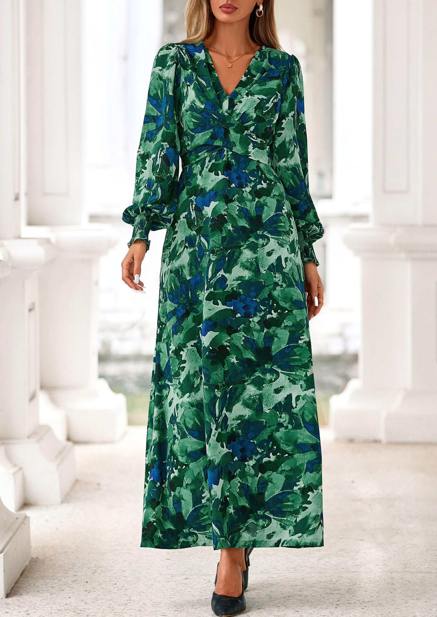 Women's Tie Waist Floral Maxi Dress,Floral Green,XL