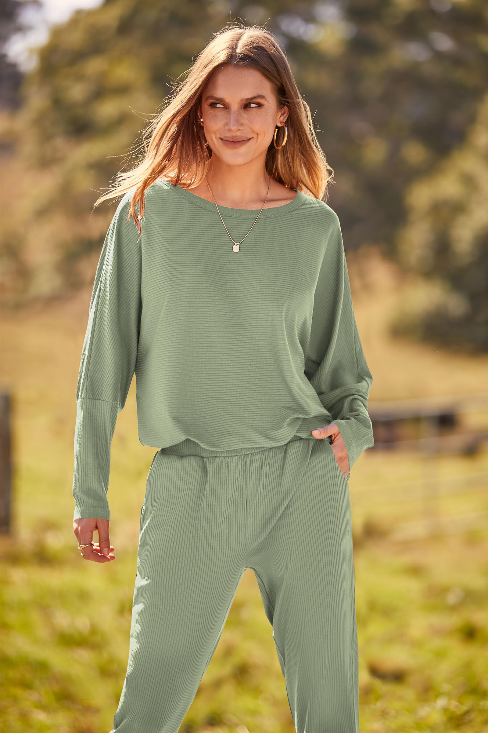 Women's 2 Piece Fall Outfits Matching Ribbed Knit Lounge Sets