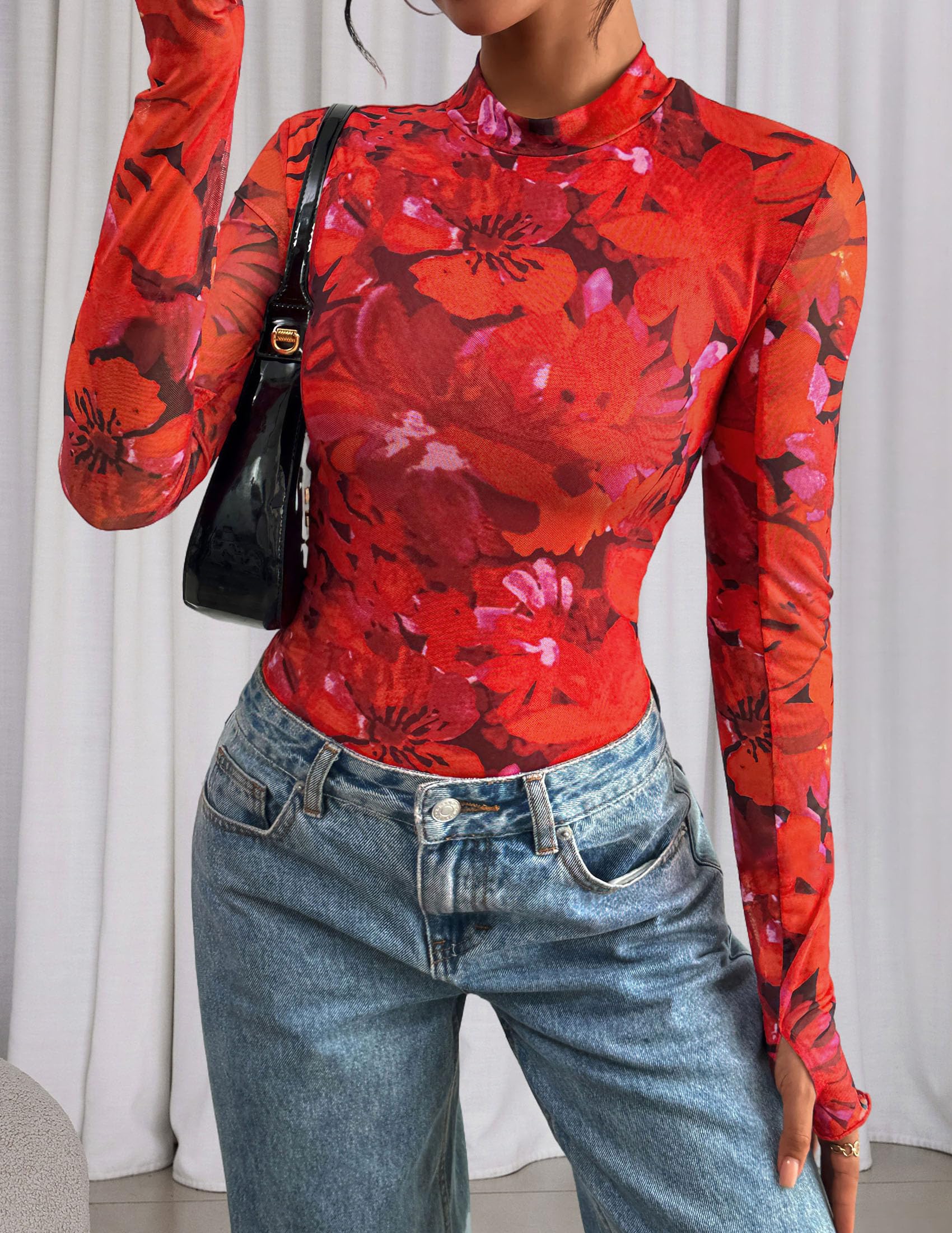 Womens Floral Mesh Long Sleeve Tops Fall Slim Fitted Shirts