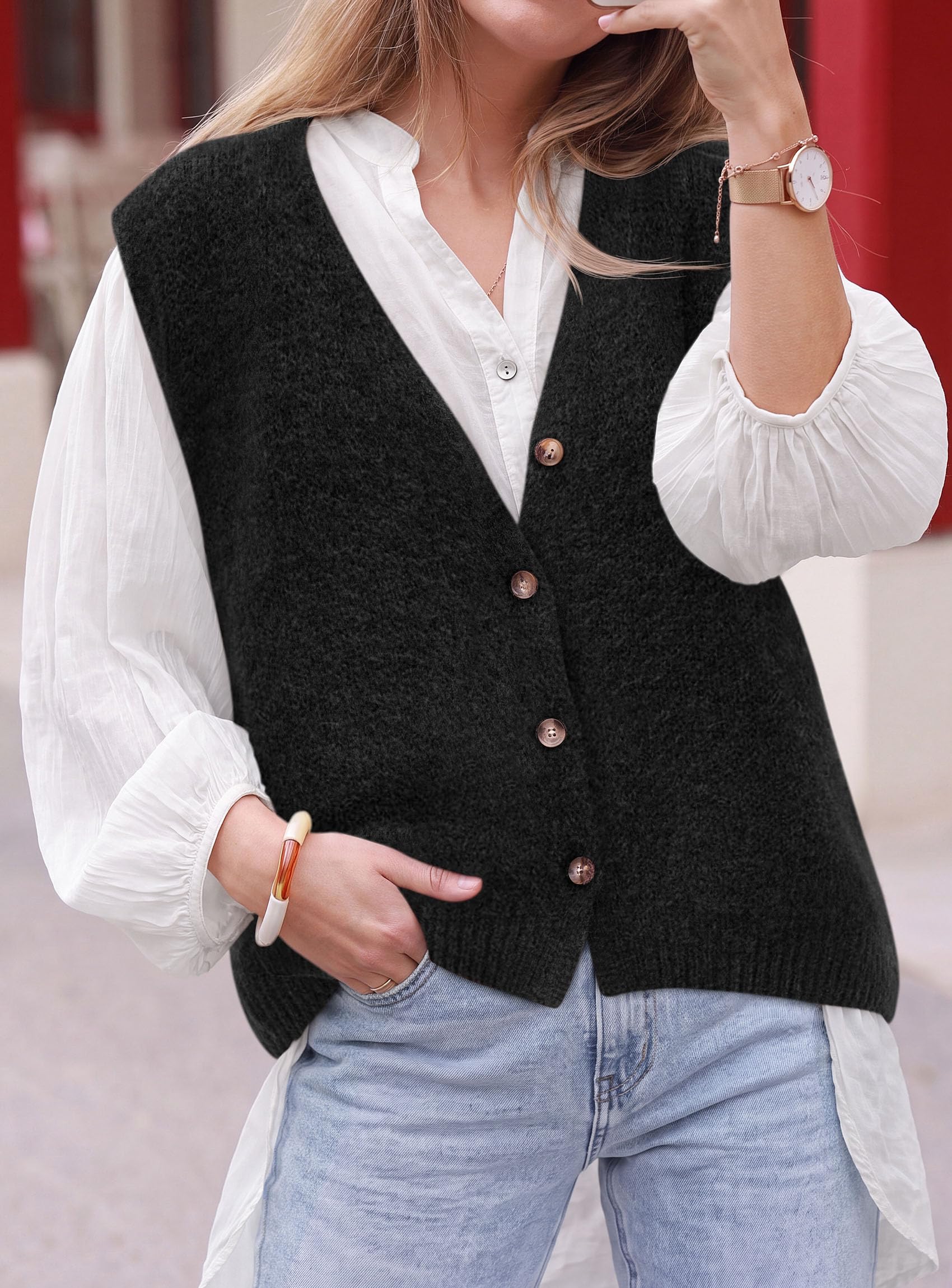 Womens Fall Sleeveless Button Down Sweater Vest,Black,S