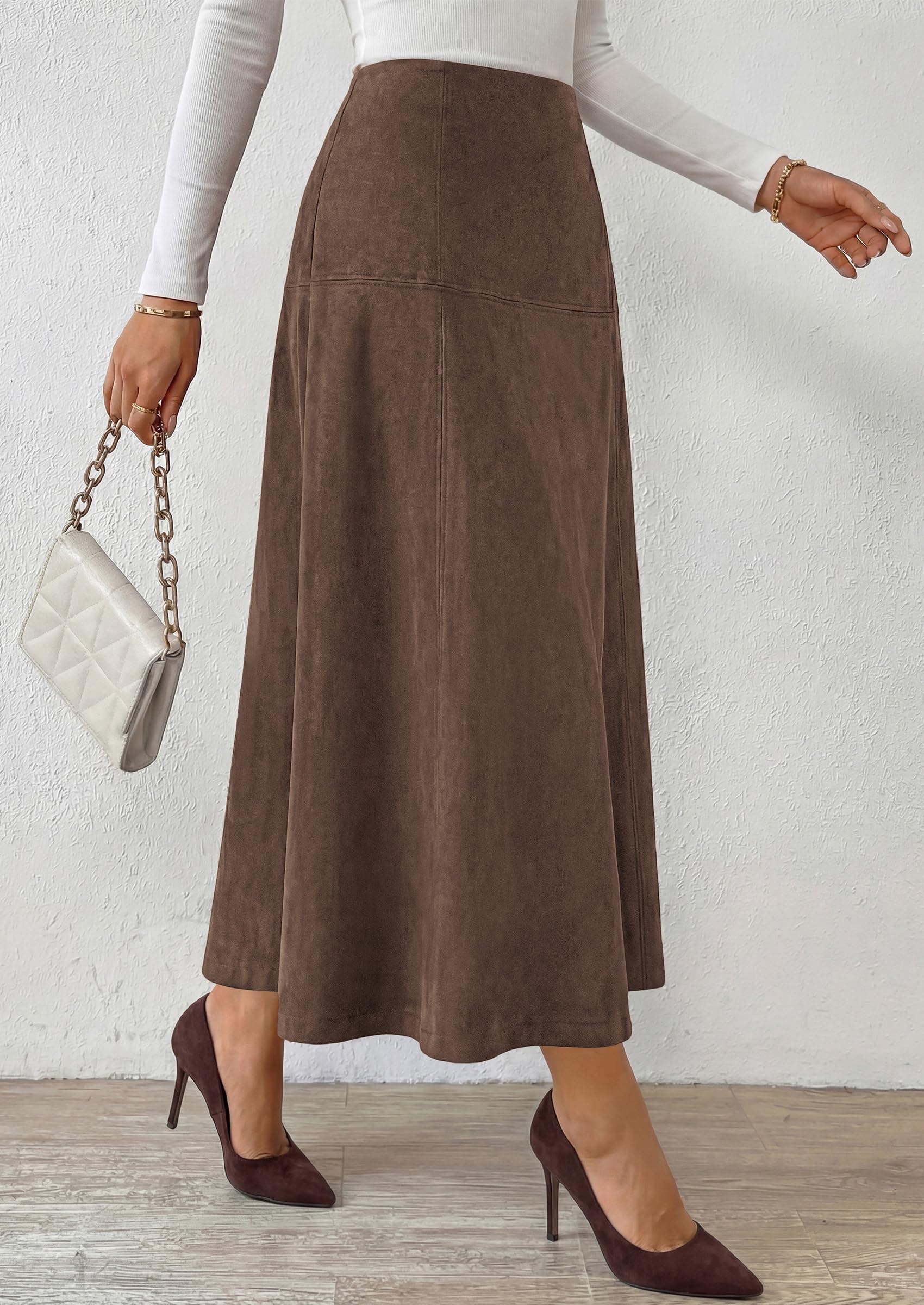 Womens High Waist Faux Suede A Line Midi Skirt,Dark Brown,XL