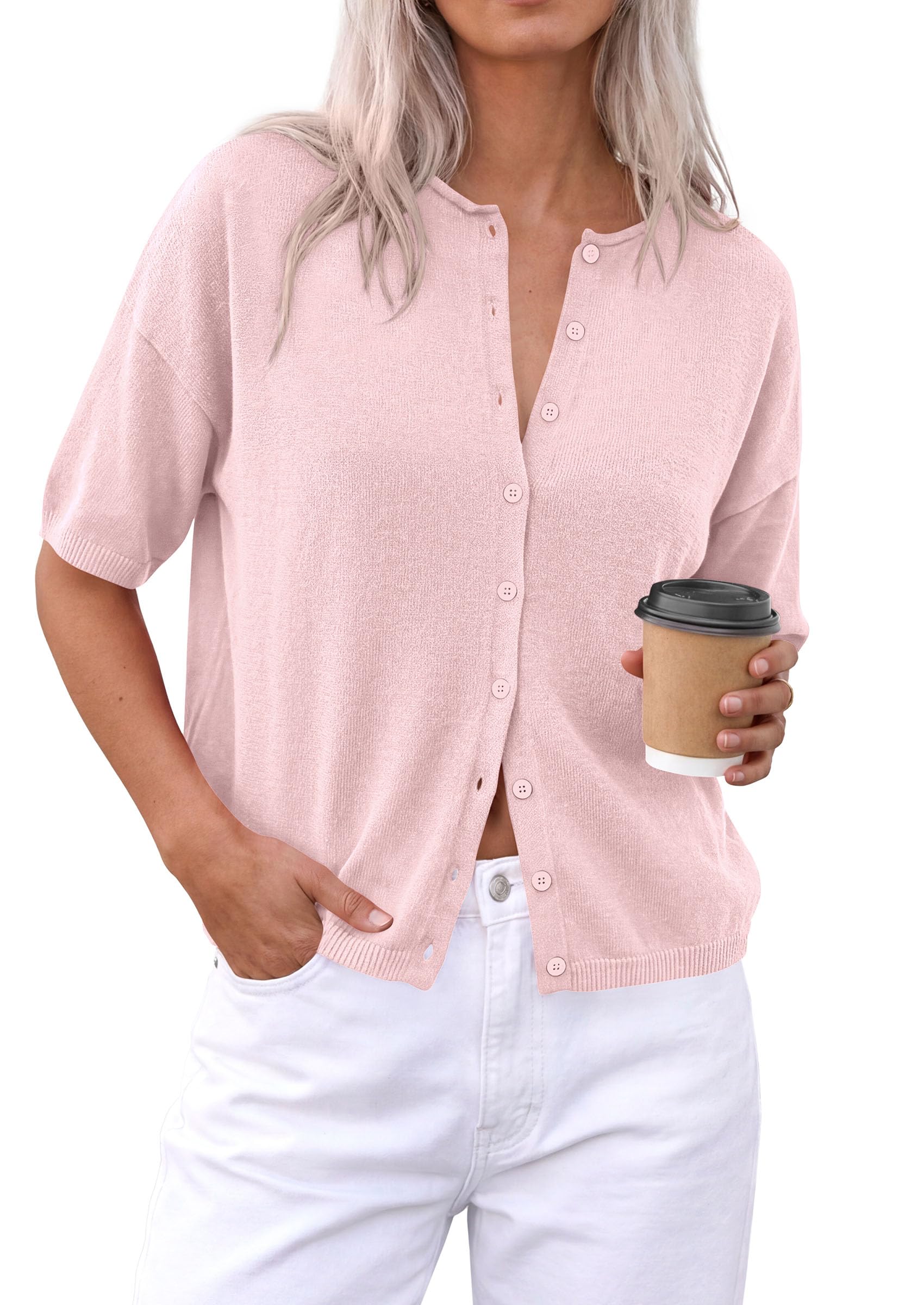 Women's Short Sleeve Cardigan Sweaters (Pink,Small)