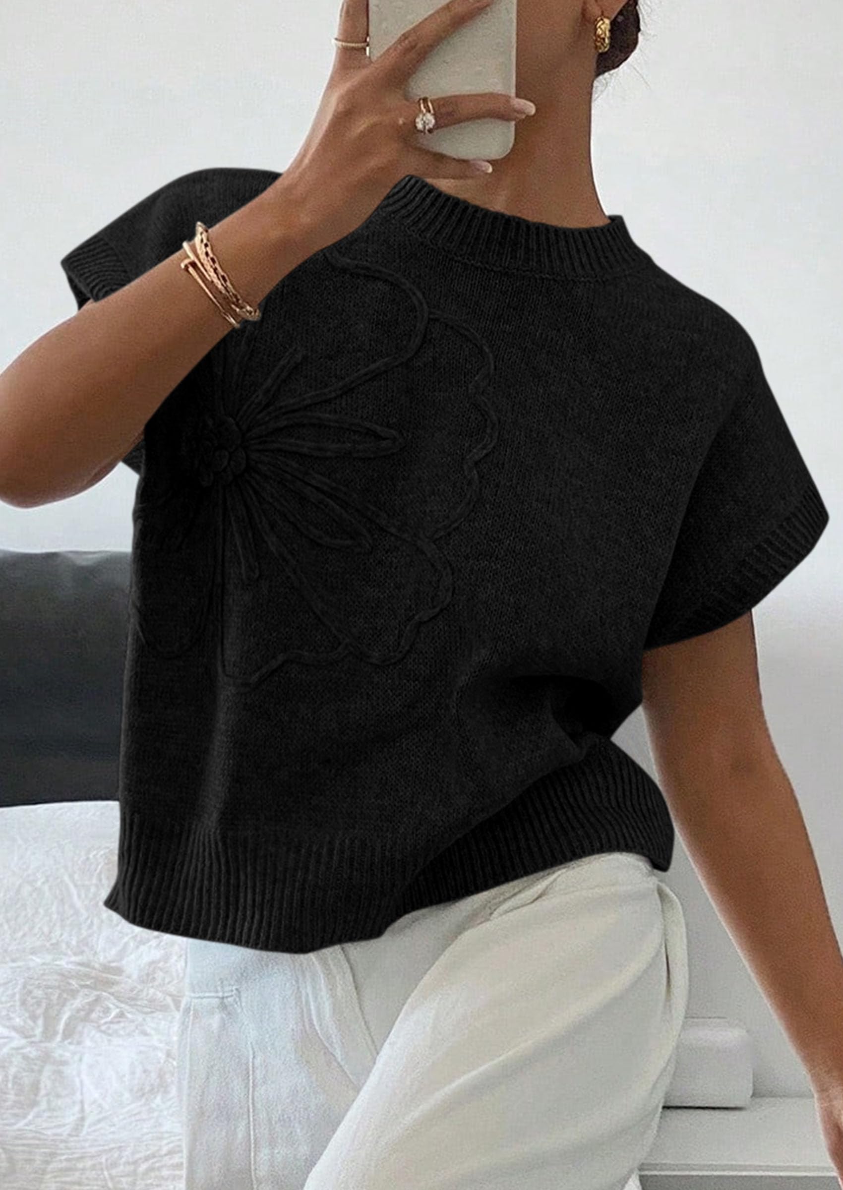 Women's Summer Short Cap Sleeve Sweater Vest (Black,S)