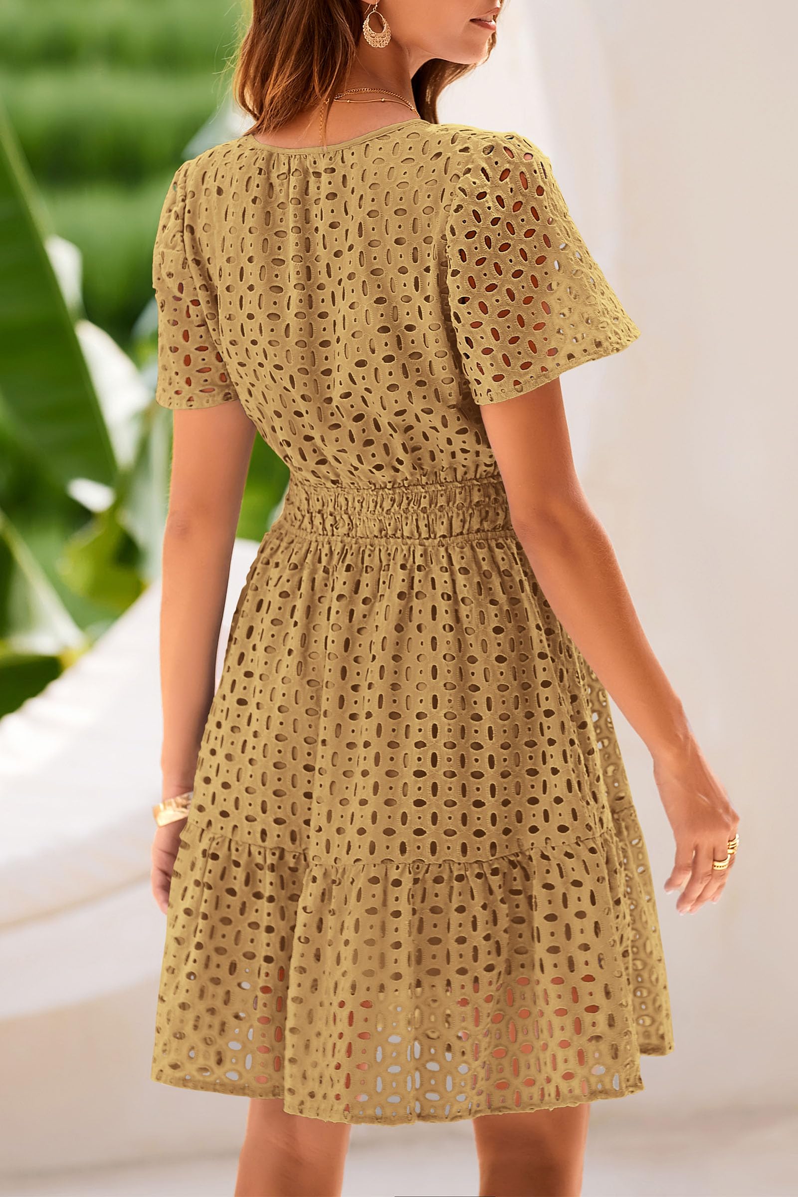 Women's Summer Eyelet Lace Short Dresses (Khaki,S)