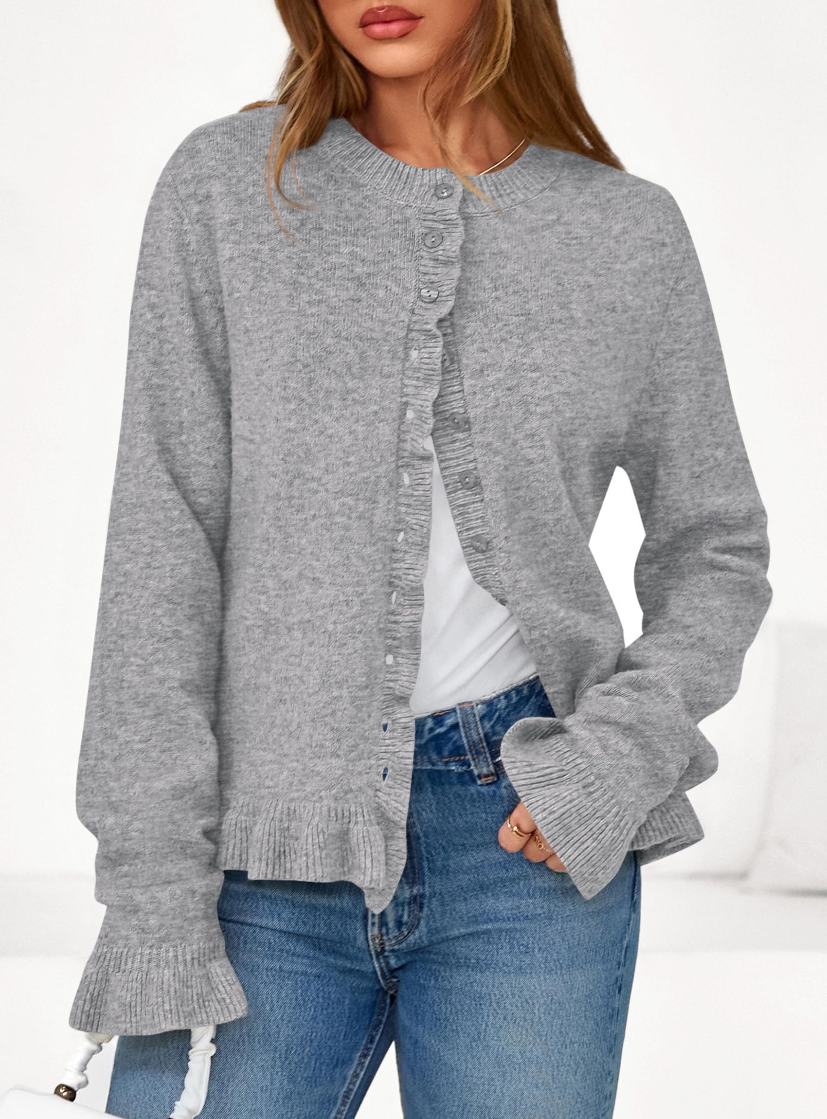 Womens Ruffle Button Down Cardigan Sweaters,Grey,S