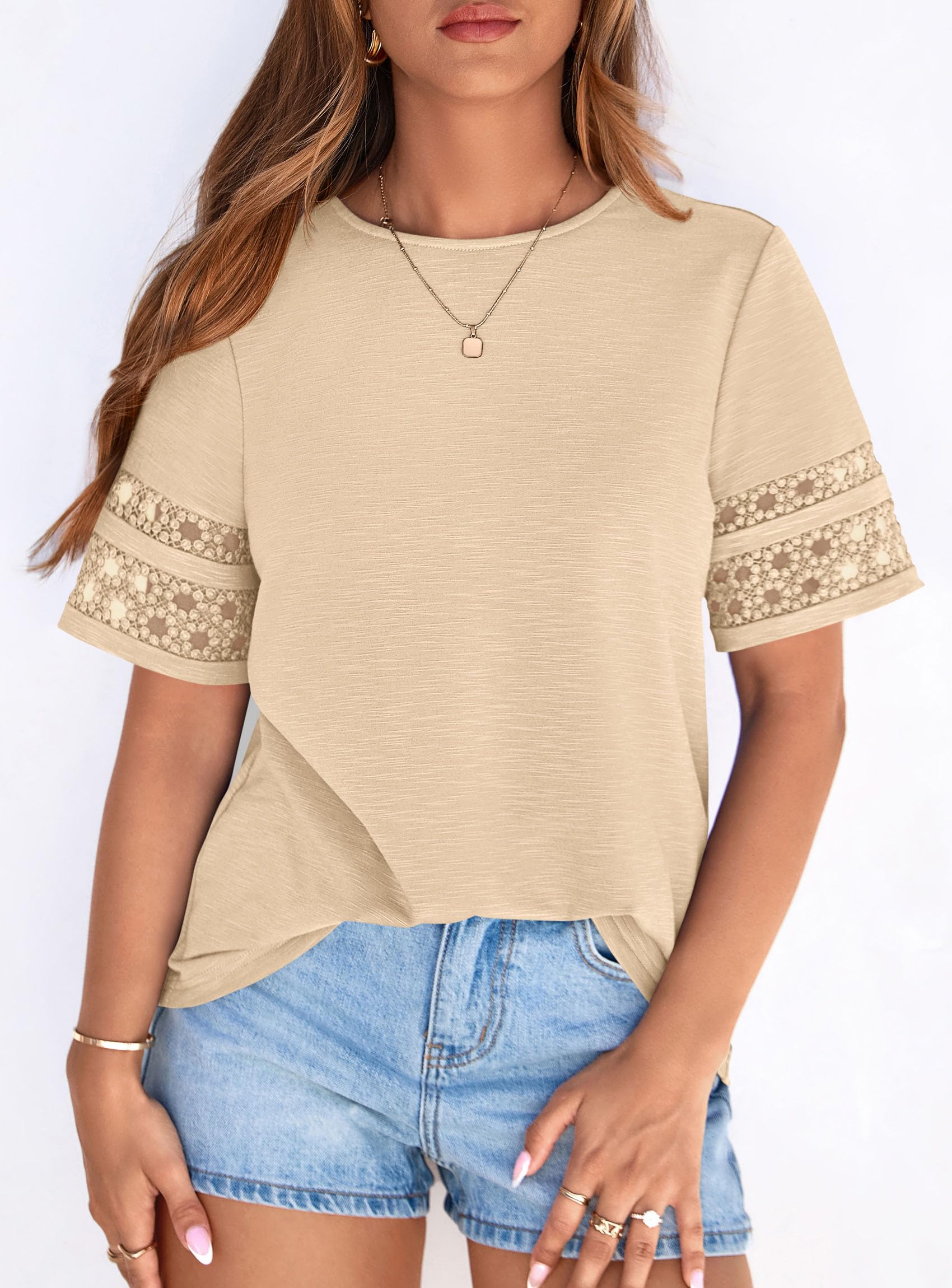 Women's Summer Short Sleeve Lace Trim T-Shirts,Beige,S
