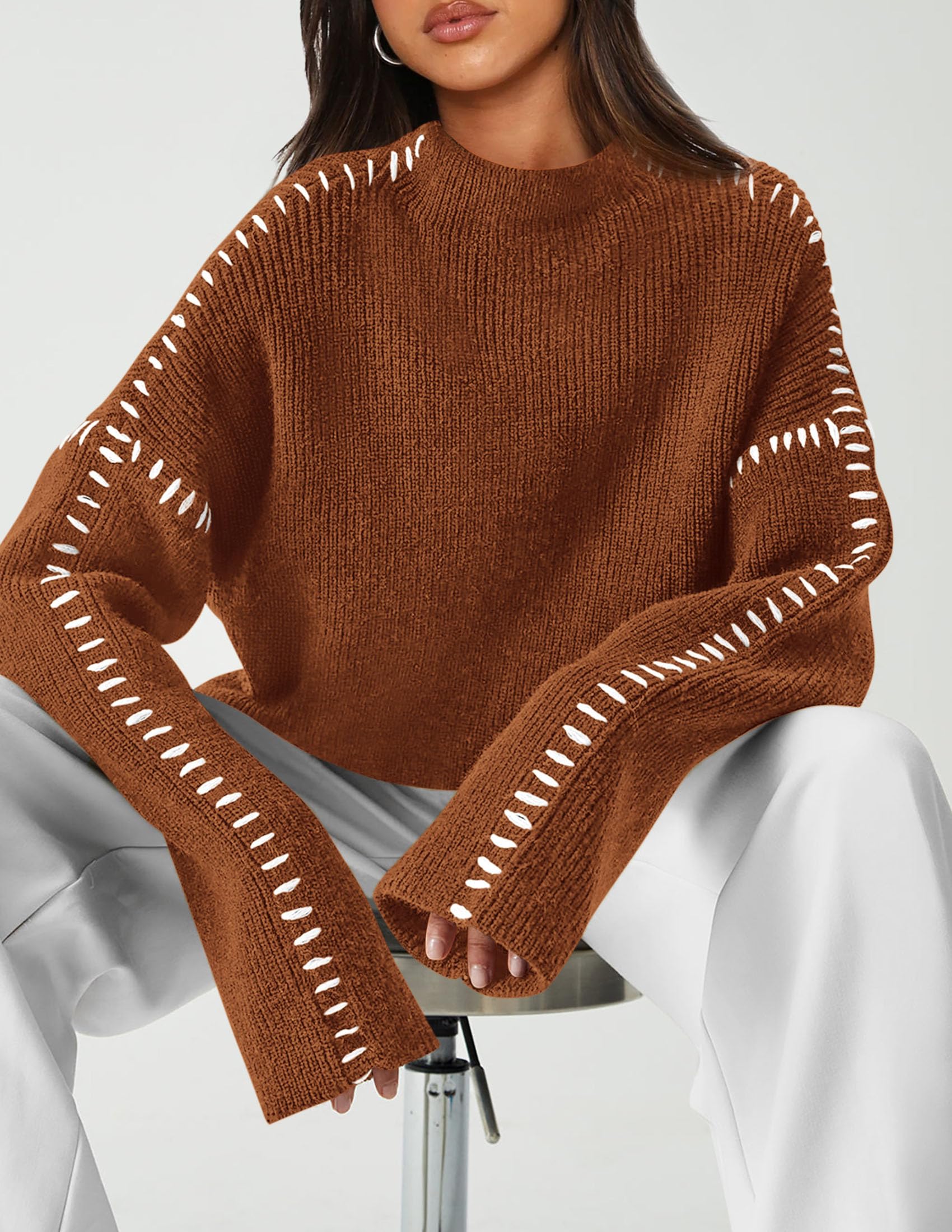Womens Chunky Knit Oversized Pullover Sweaters,Caramel,S