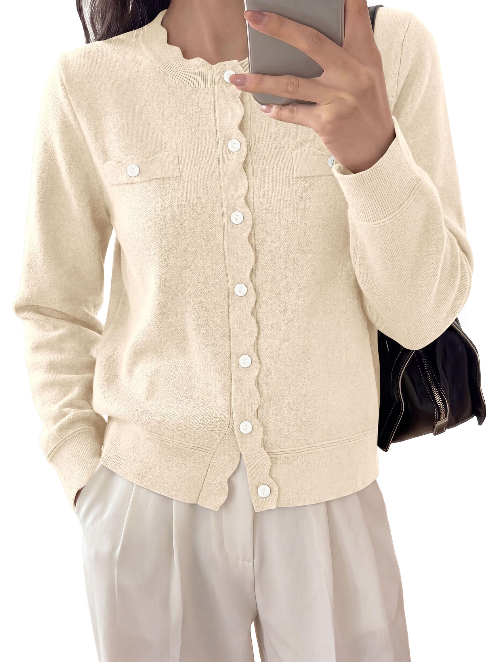 Womens Lightweight Cardigan Sweaters Scalloped Trim Fall Tops
