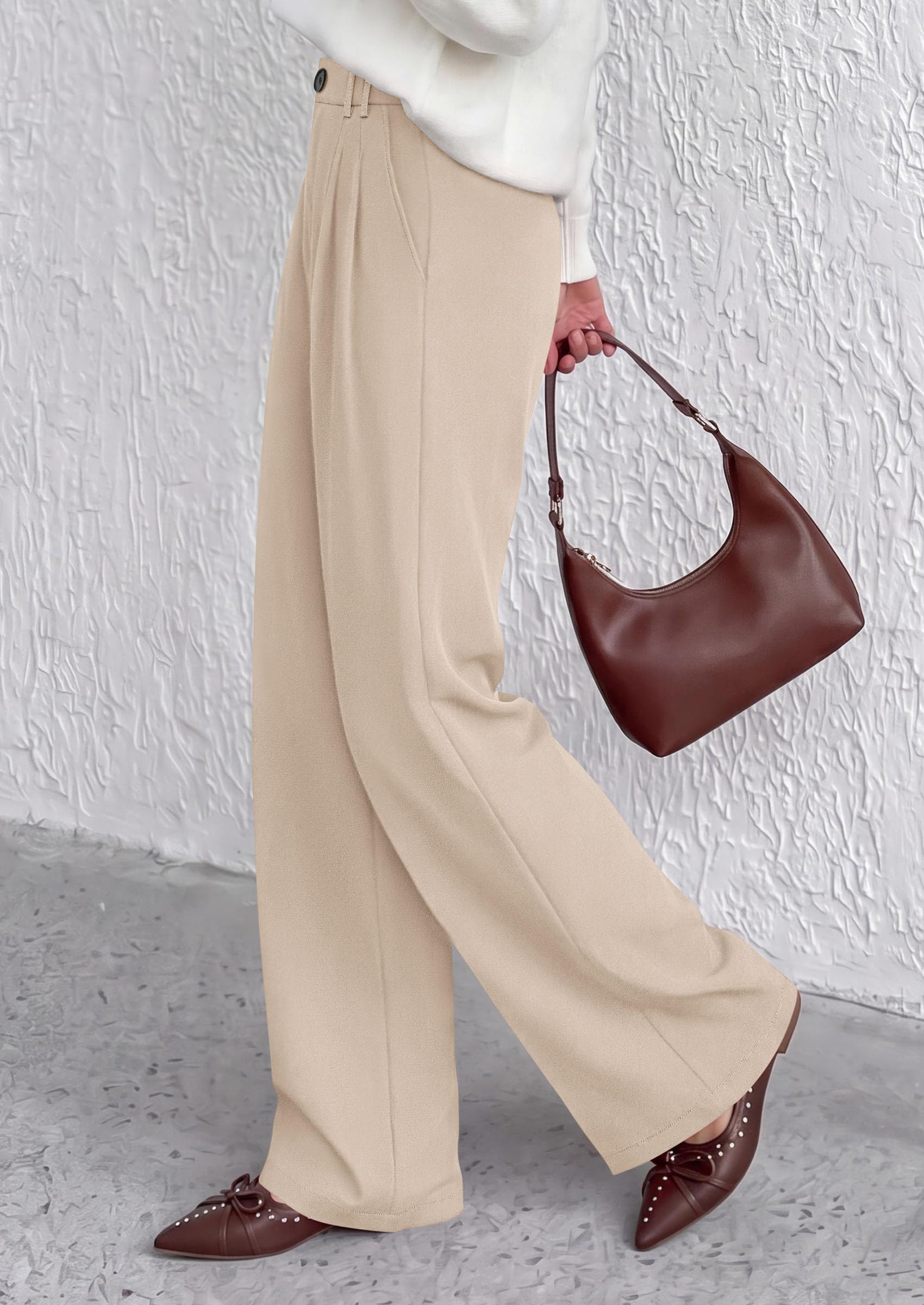 Women's Dress Pants Wide Leg Flowy Trousers,Beige,S