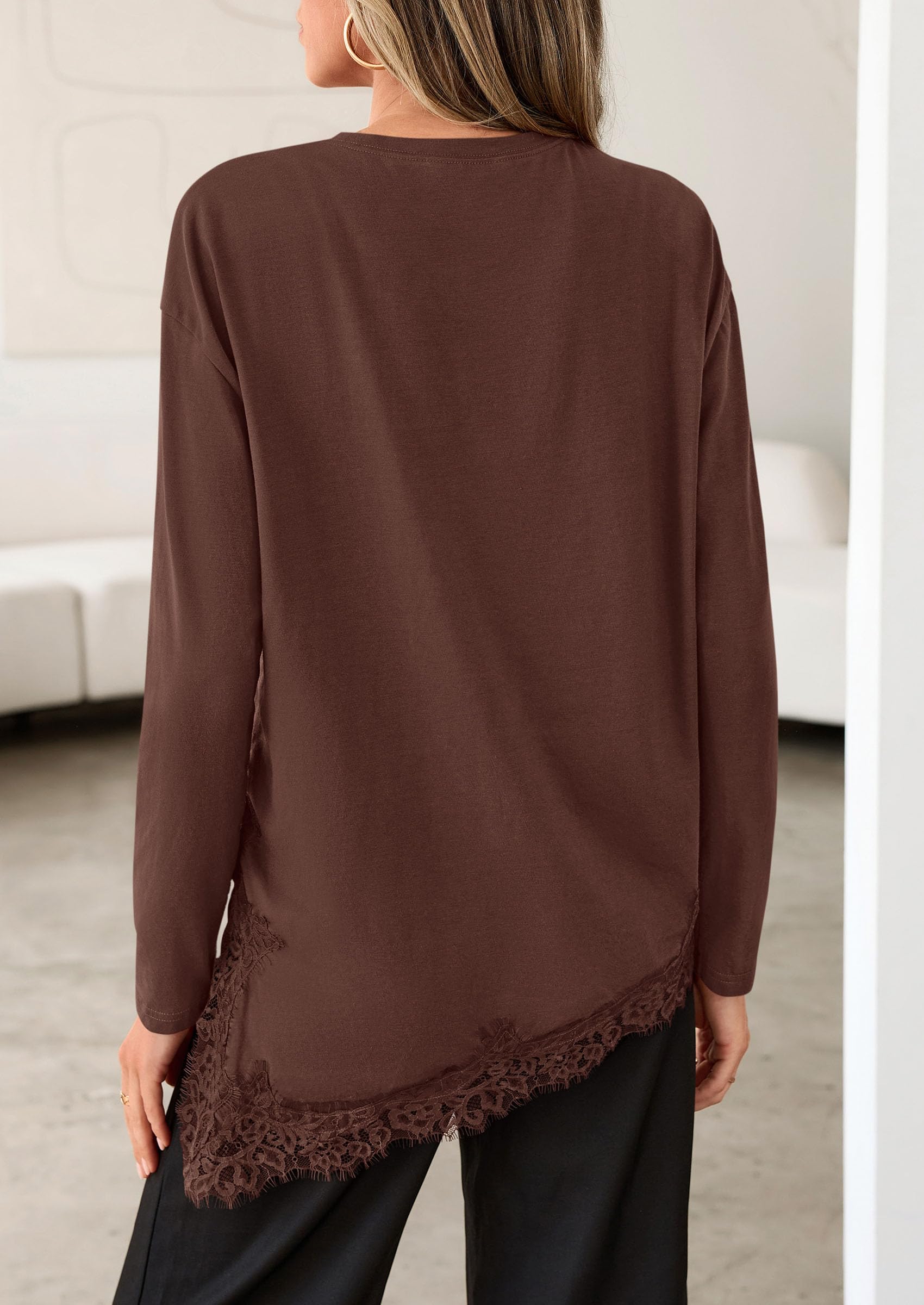 Women's Long Sleeve Asymmetrical Lace Tops Oversized Tshirts