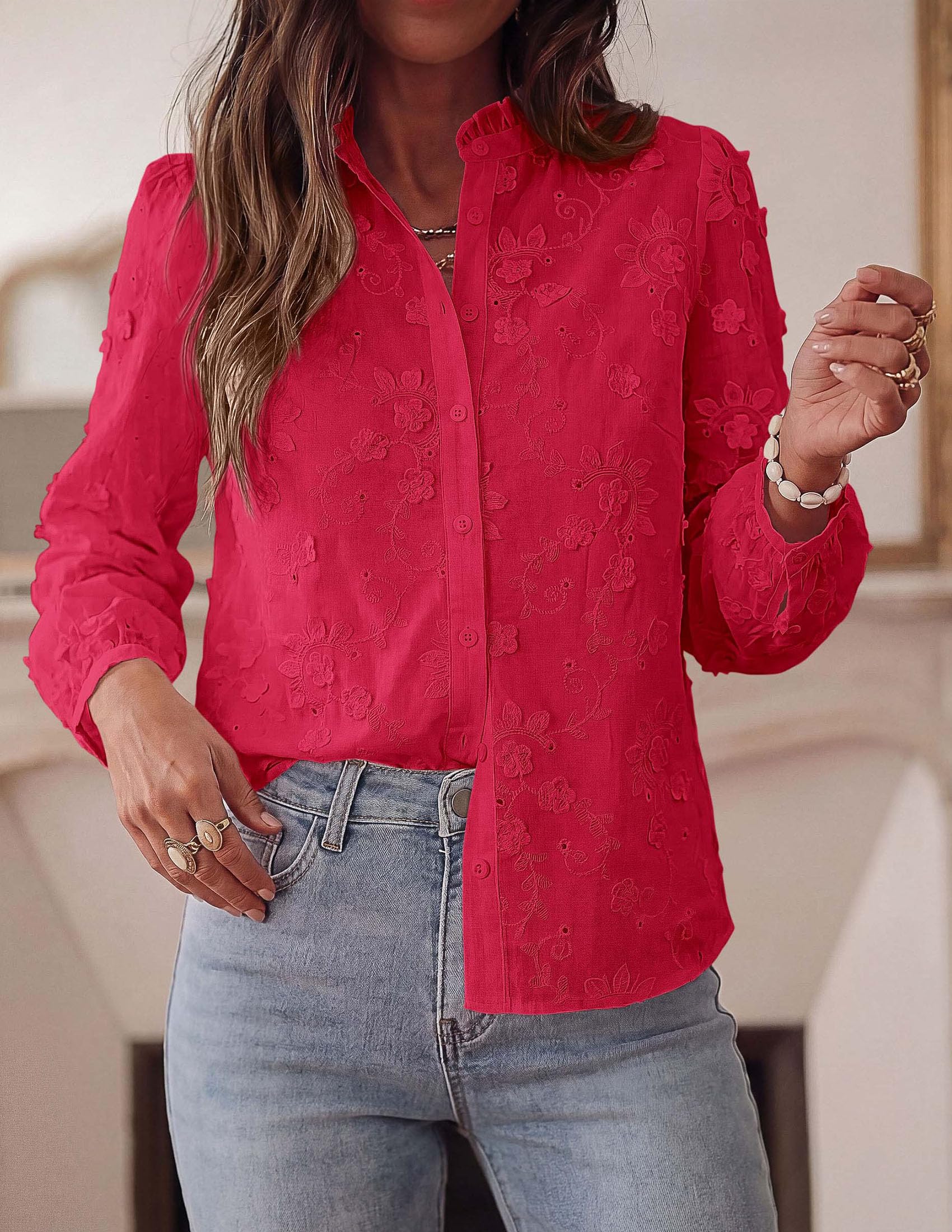 Women's Floral Embroidered Button Down Shirts Work Blouses