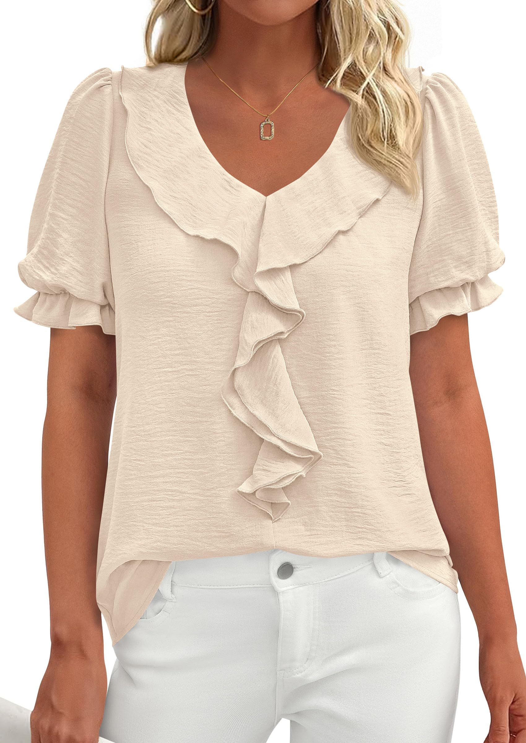 Women's Summer Ruffle Dressy Casual Blouses (Beige,S)