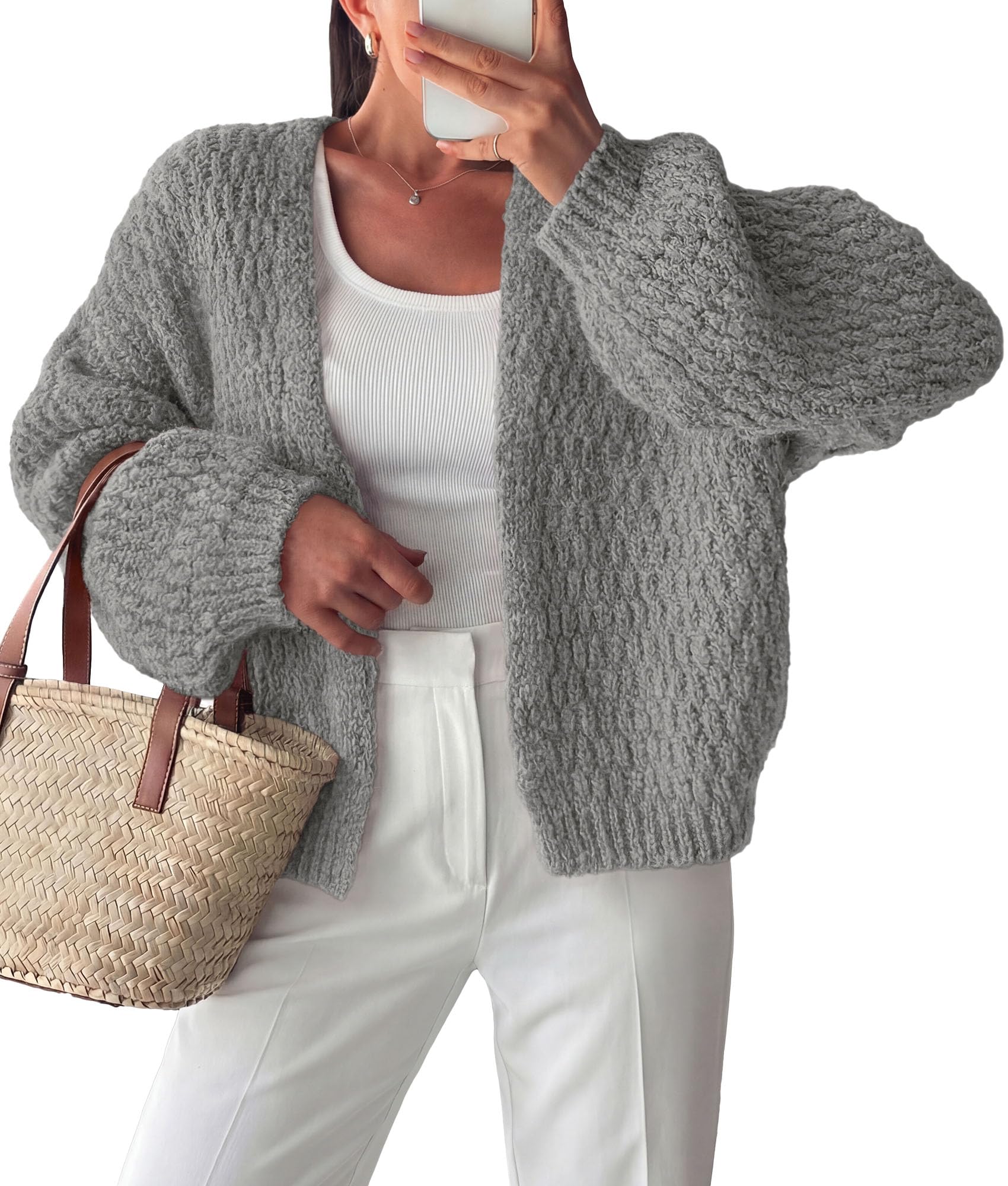 Women's Fall Cardigan Open Front Chunky Sweaters Grey S