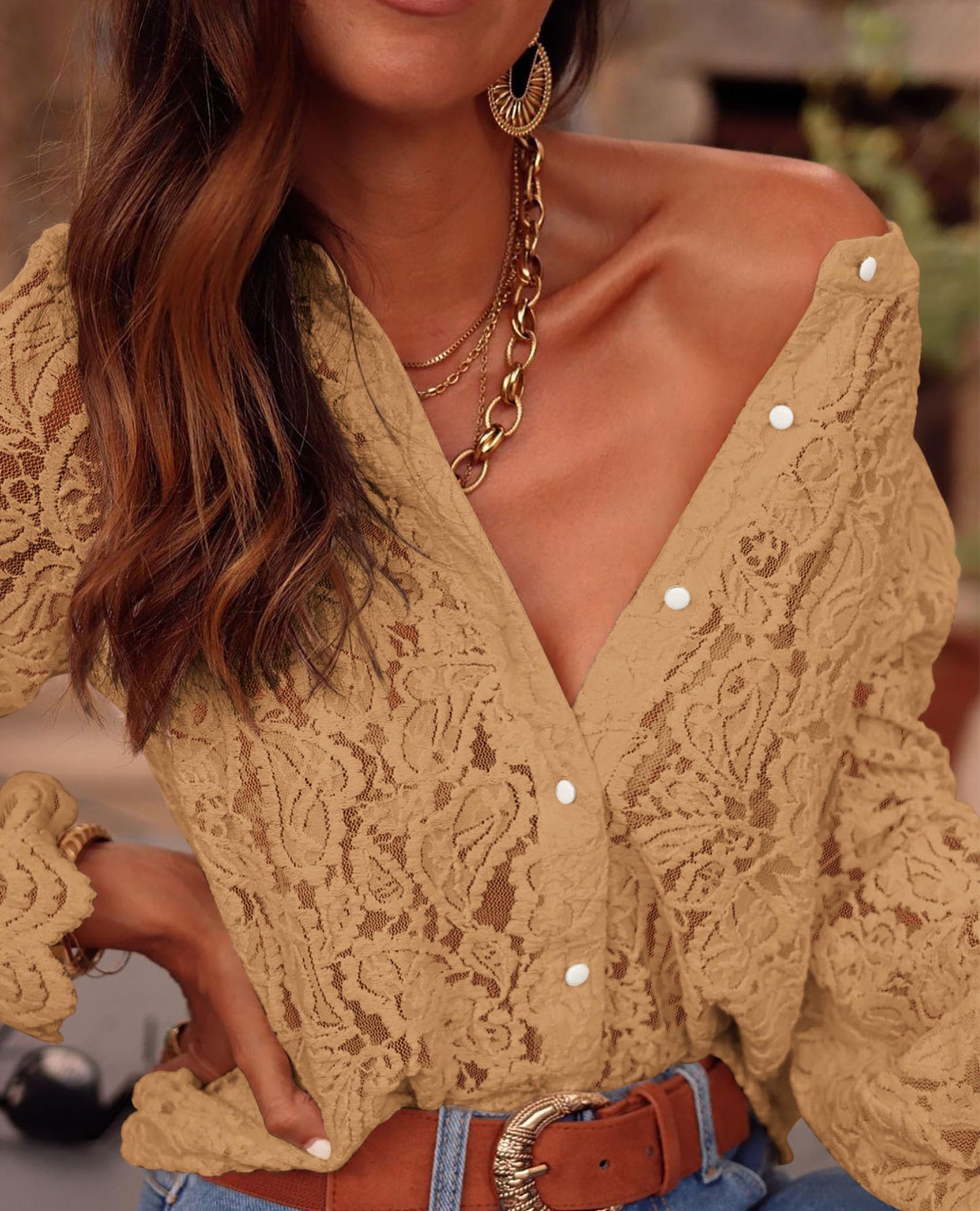 Women's Fall Trendy Long Sleeve Lace Tops(Khaki,Small)