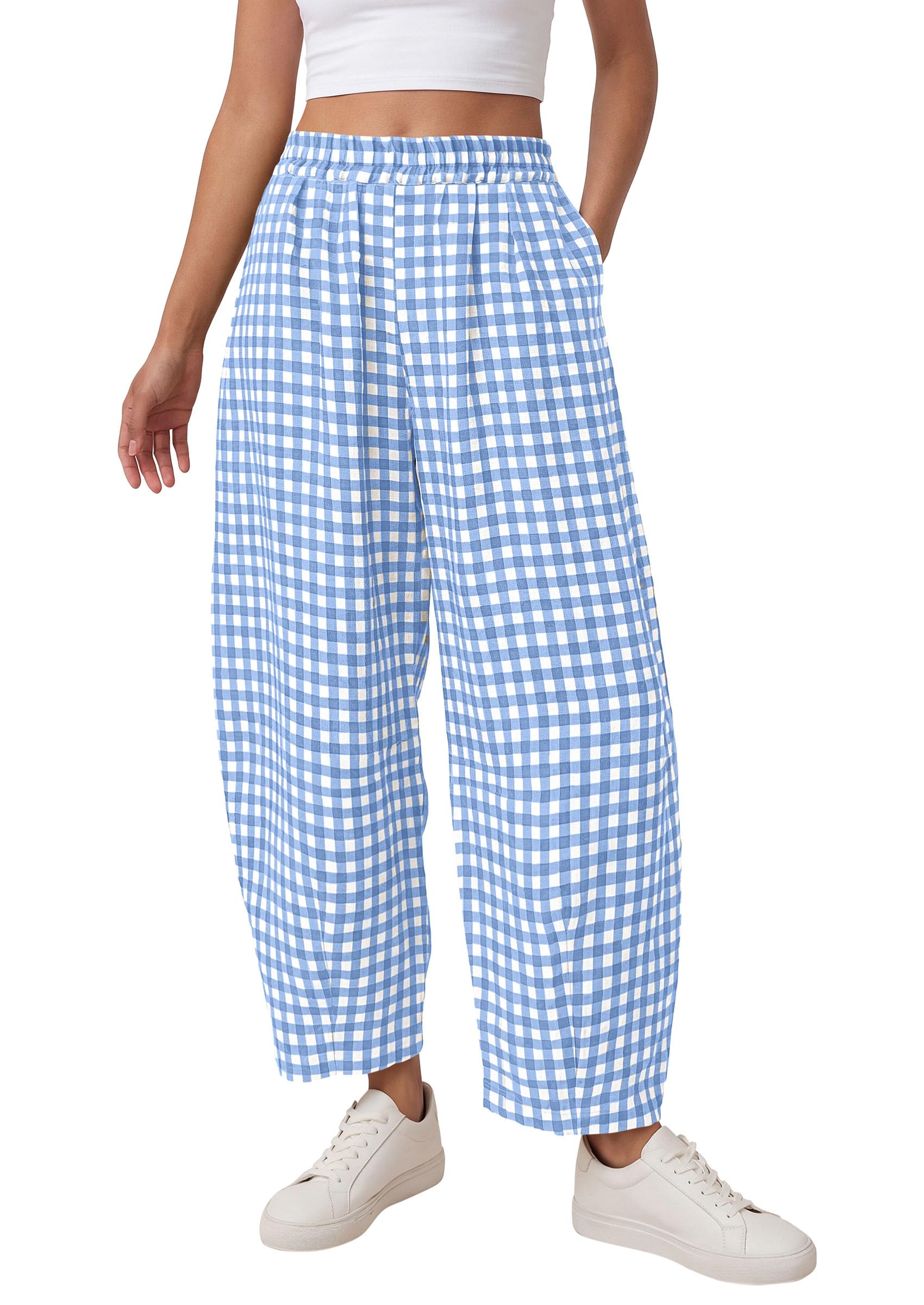 Plaid Barrel Pants Women Summer Bottoms, Light Blue Plaid,S