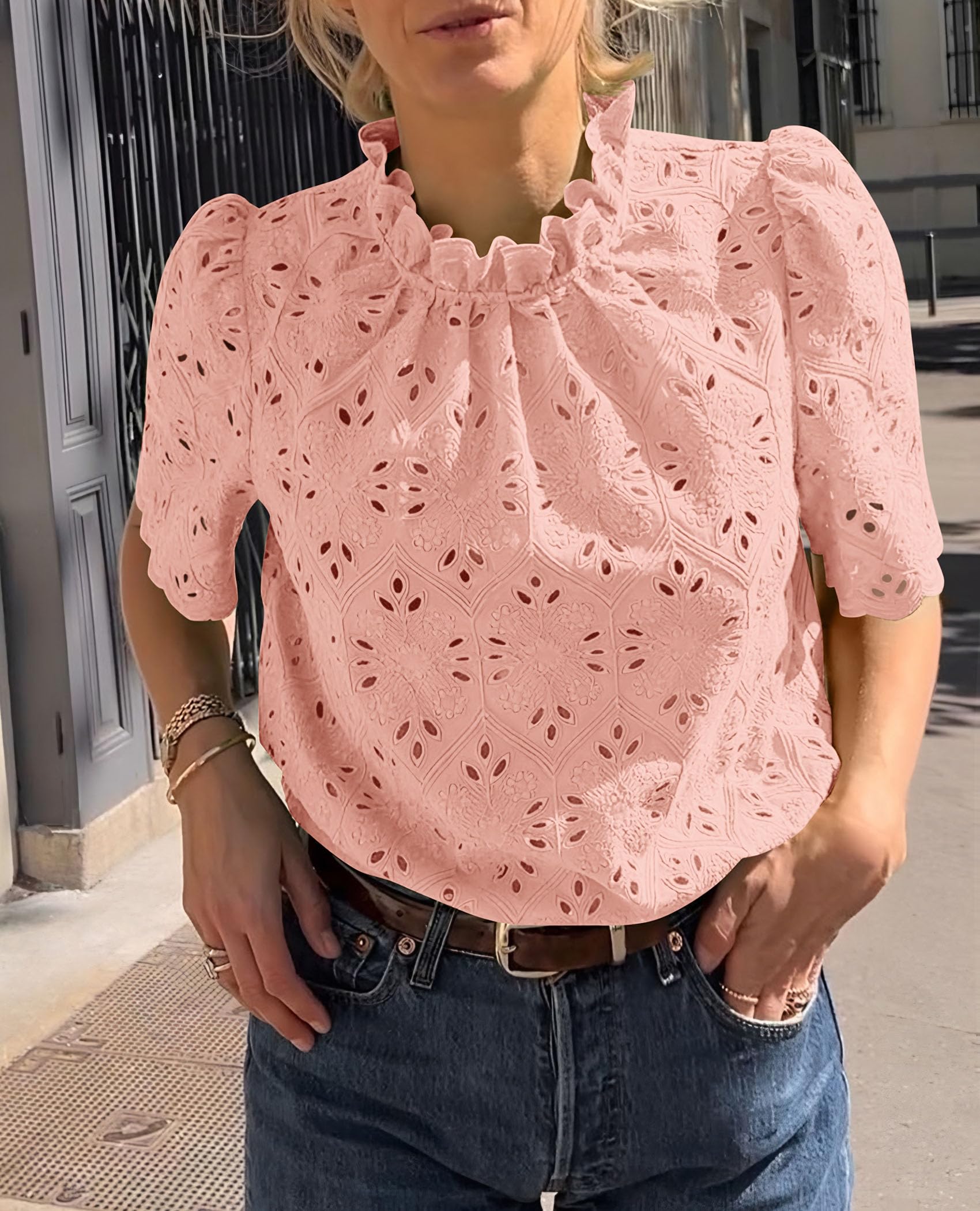Women Summer Tops Eyelet Embroidered Shirts,Pink,XS