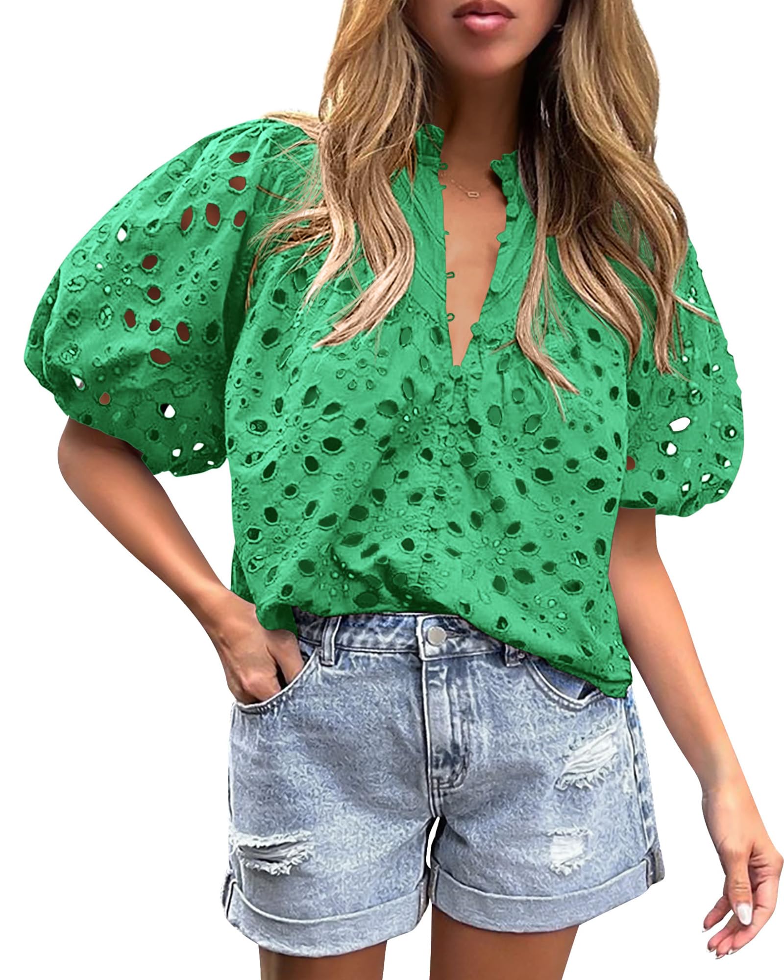 Womens Tops Boho Eyelet Puff Sleeve Blouse, Green,M