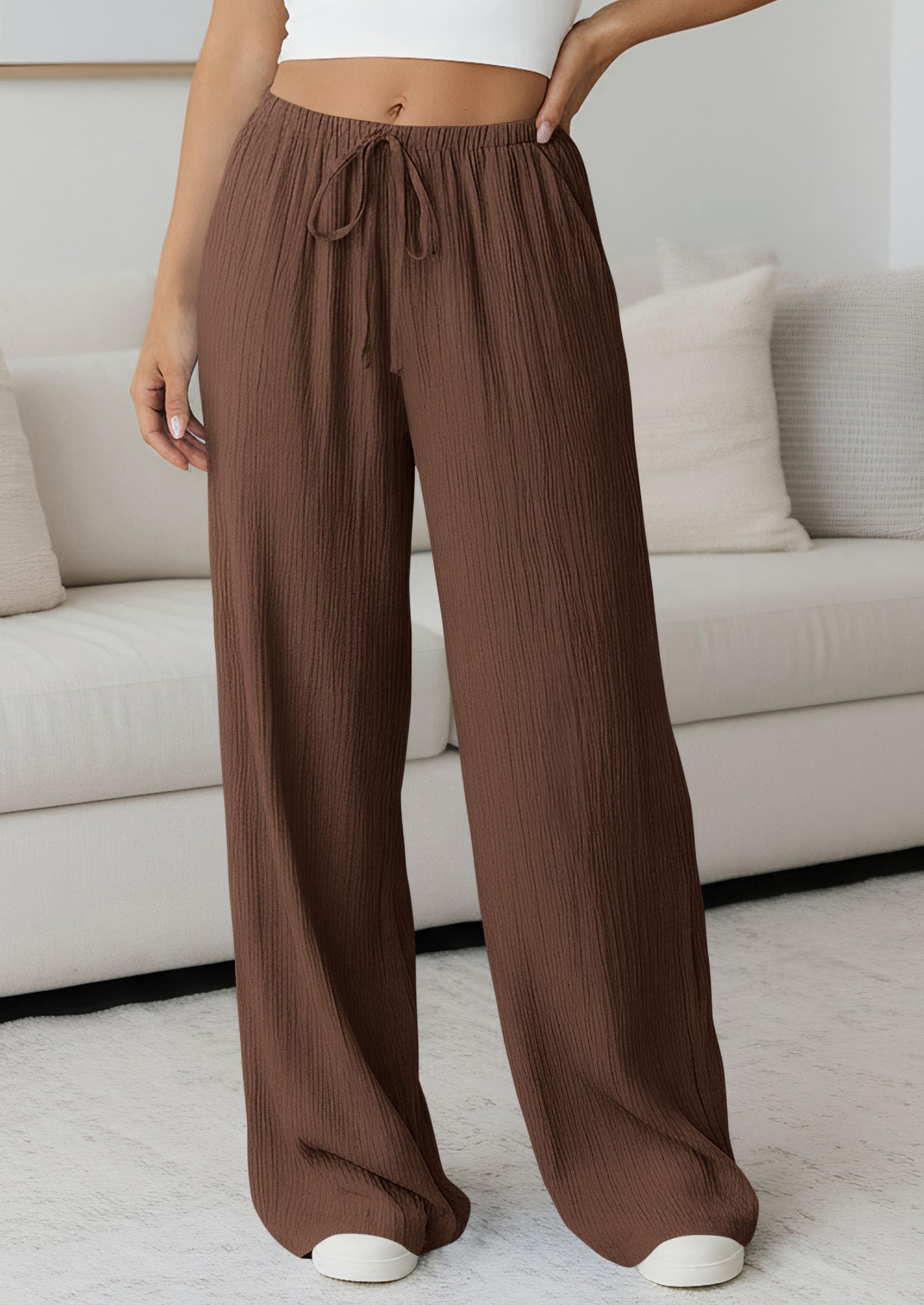 Women's Palazzo Pants Casual Wide Leg Trousers,Brown,M