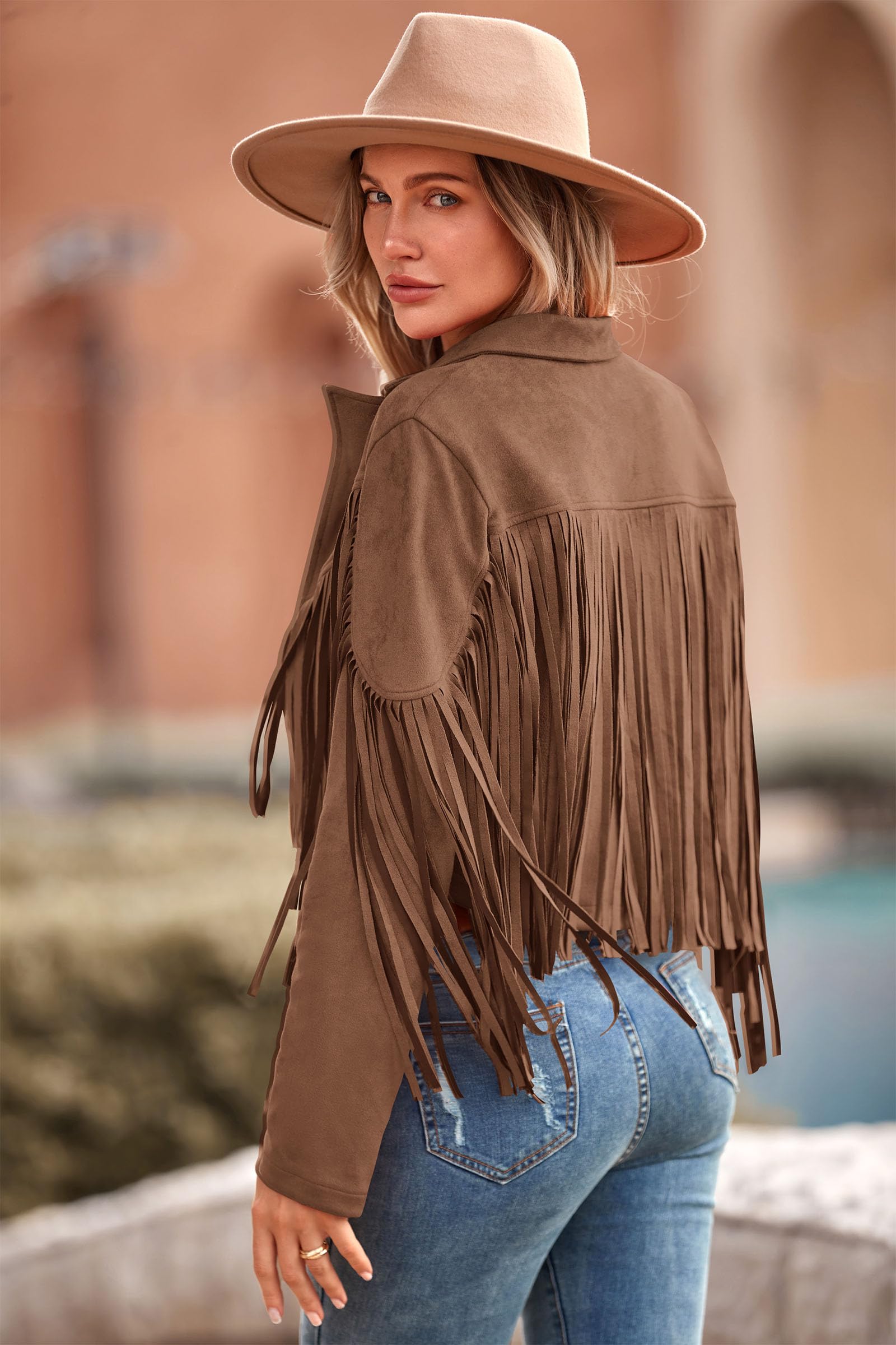 Women's Fringe Faux Suede Leather Jackets,Coffee,S