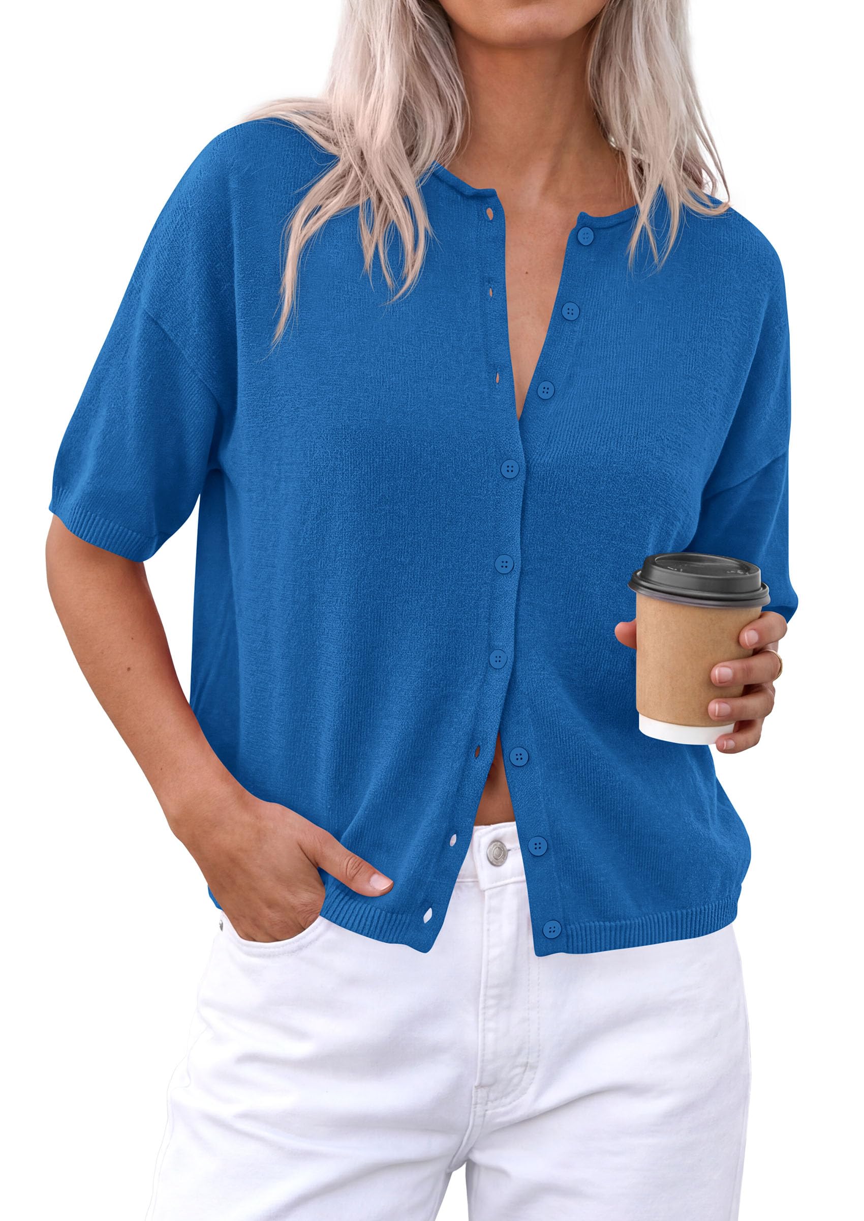 Women's Short Sleeve Cardigan Sweaters (Blue,Small)