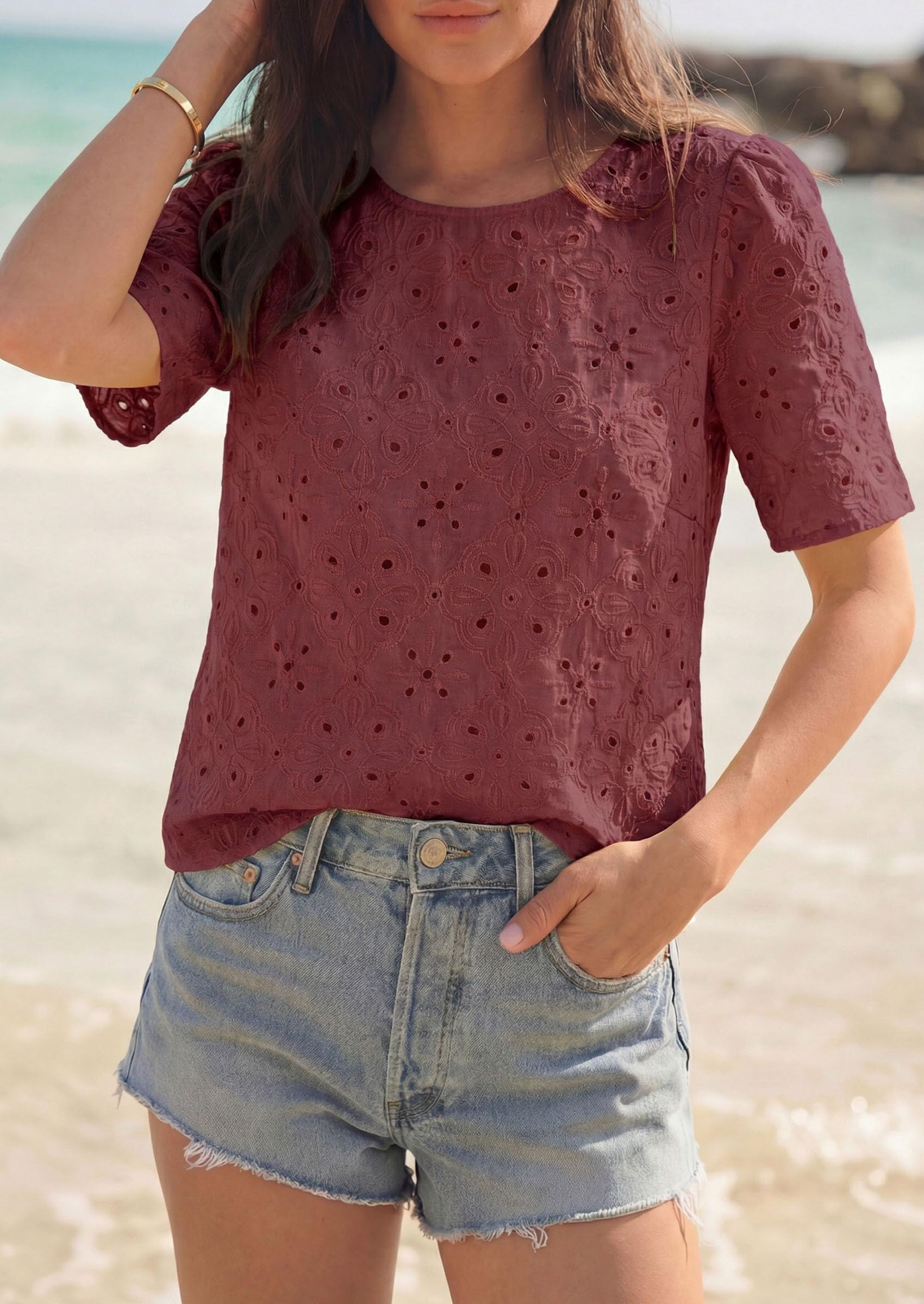 Women's Embroidered Eyelet Short Sleeve Blouse, Brown Red,XS