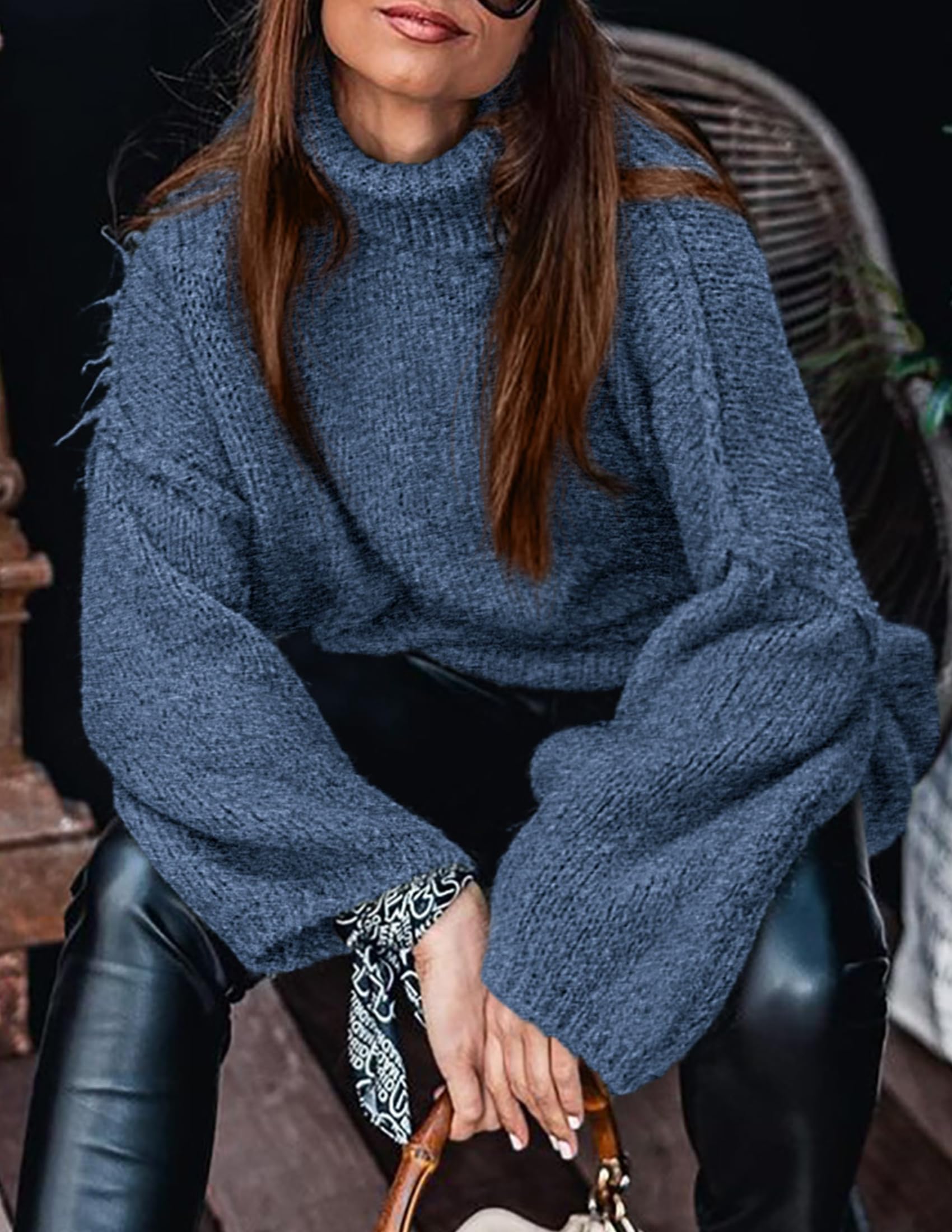 Womens Turtleneck Long Sleeve Oversized Sweaters,Blue,S