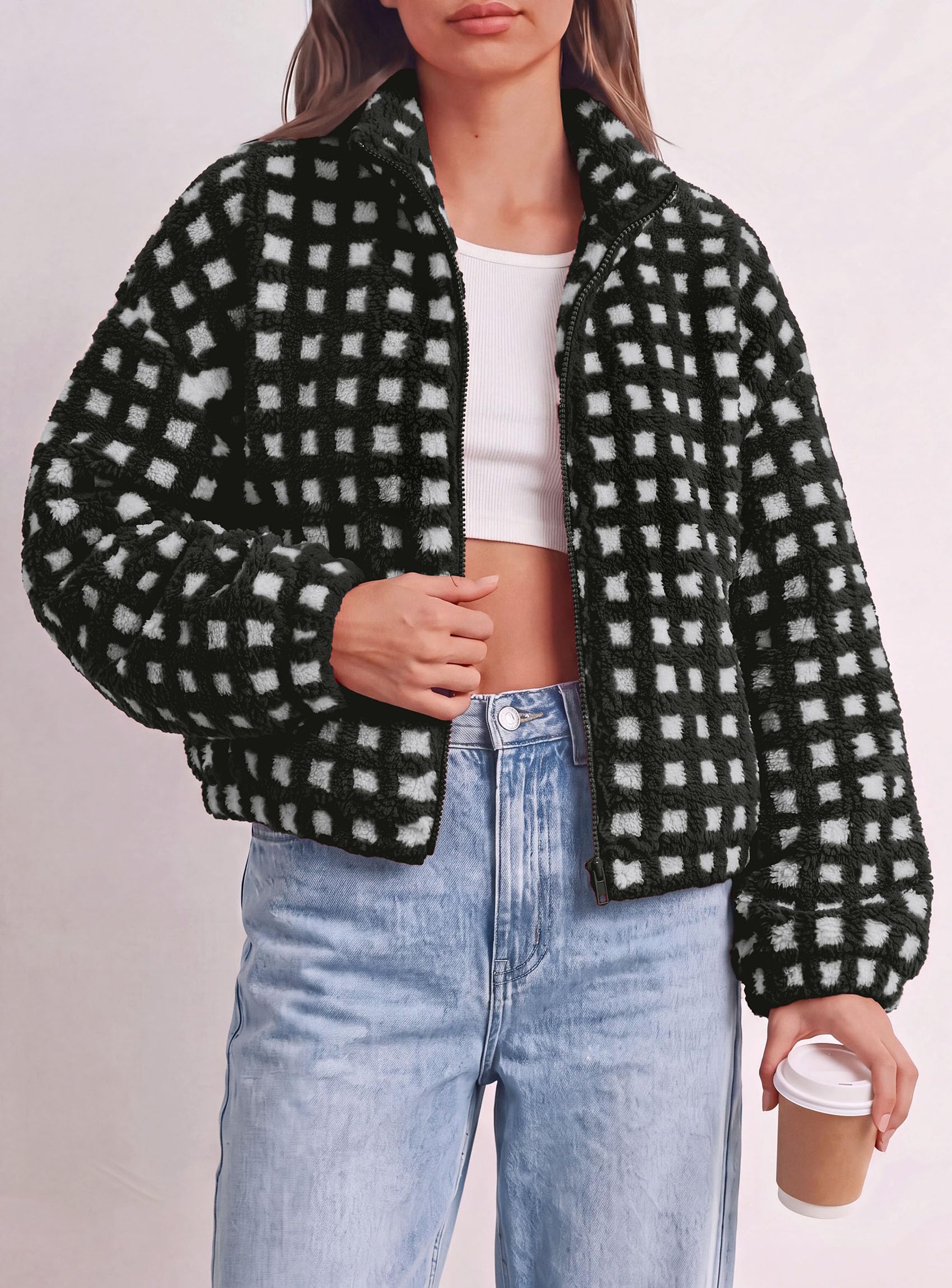 Women's Gingham Sherpa Fleece Jacket Plaid Cropped Teddy Coat