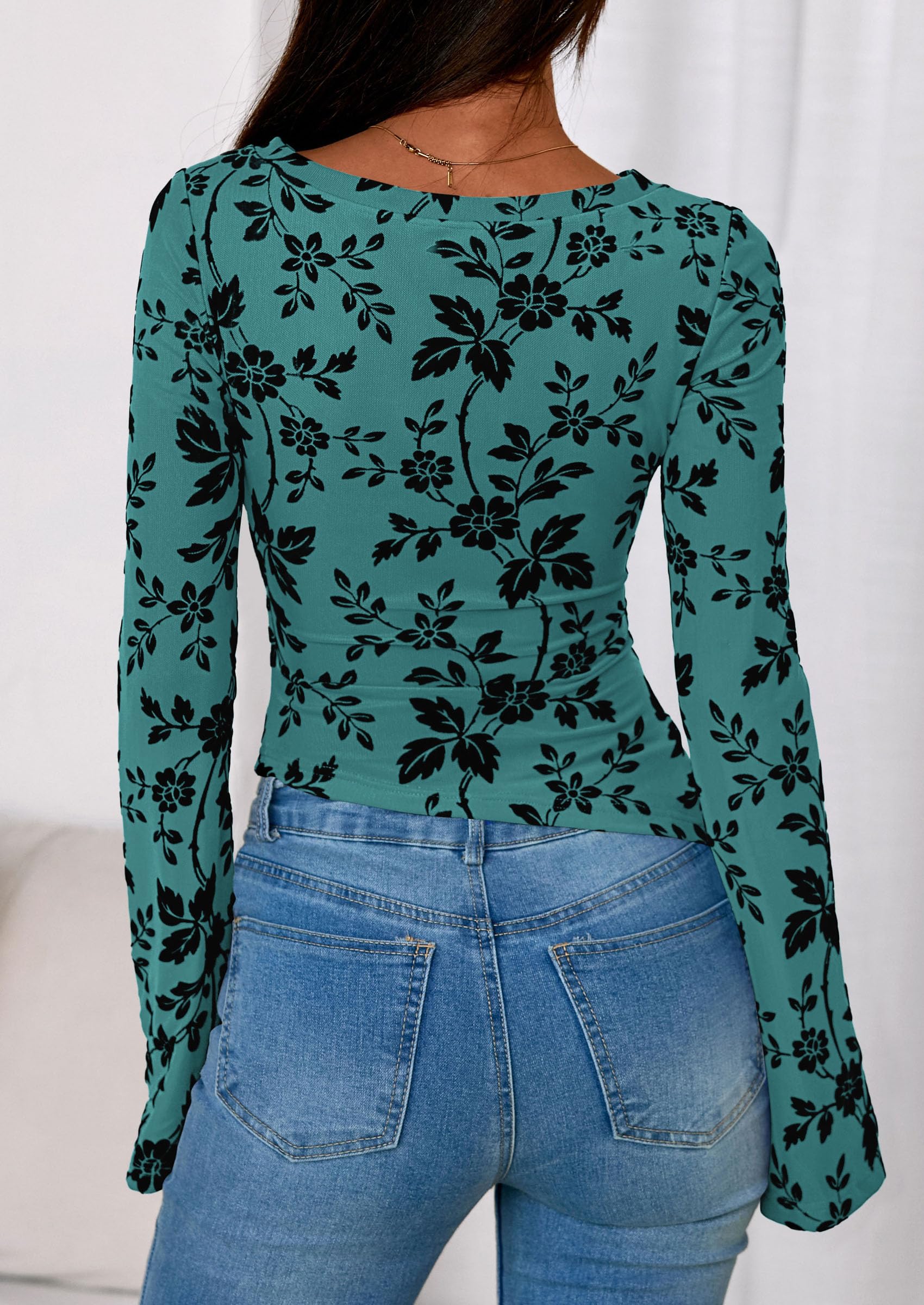 Women's Long Bell Sleeve Y2K Tops Boho Floral Mesh Blouses