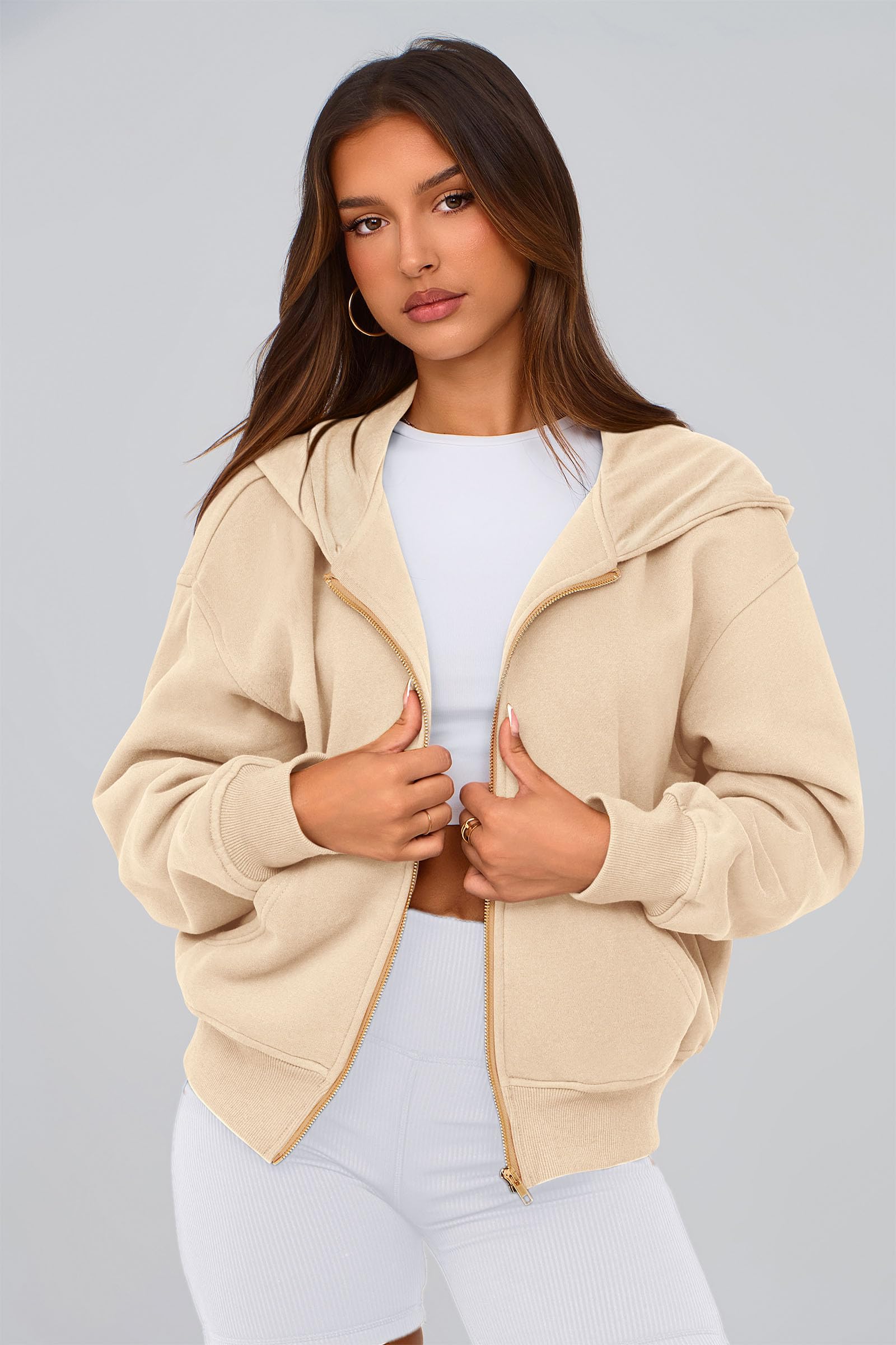 Hoodies for Women Fall Fashion Zip Up Fleece Plain Sweatshirt