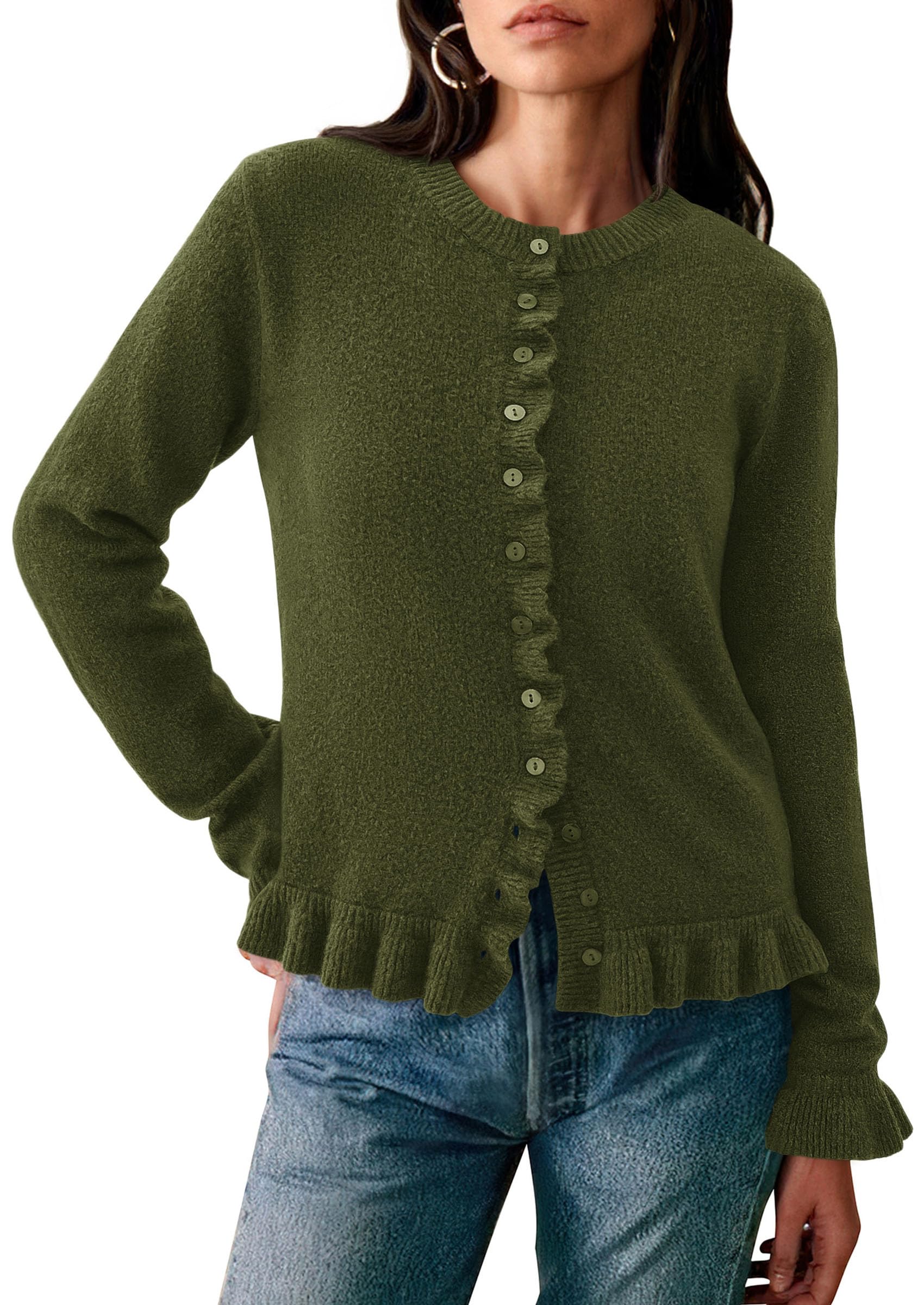 Womens Ruffle Button Down Cardigan Sweaters,Army Green,S