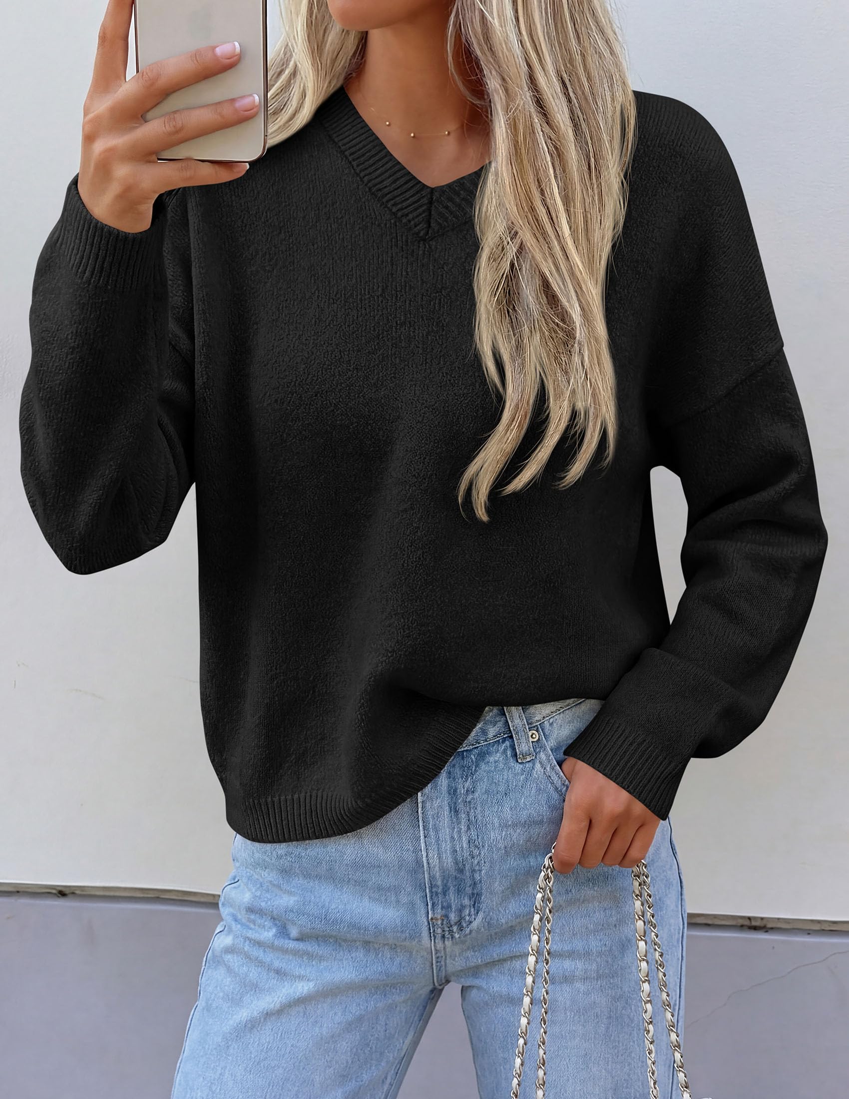 Women's Cozy Sweaters Fall Fashion V Neck Tops Black,S