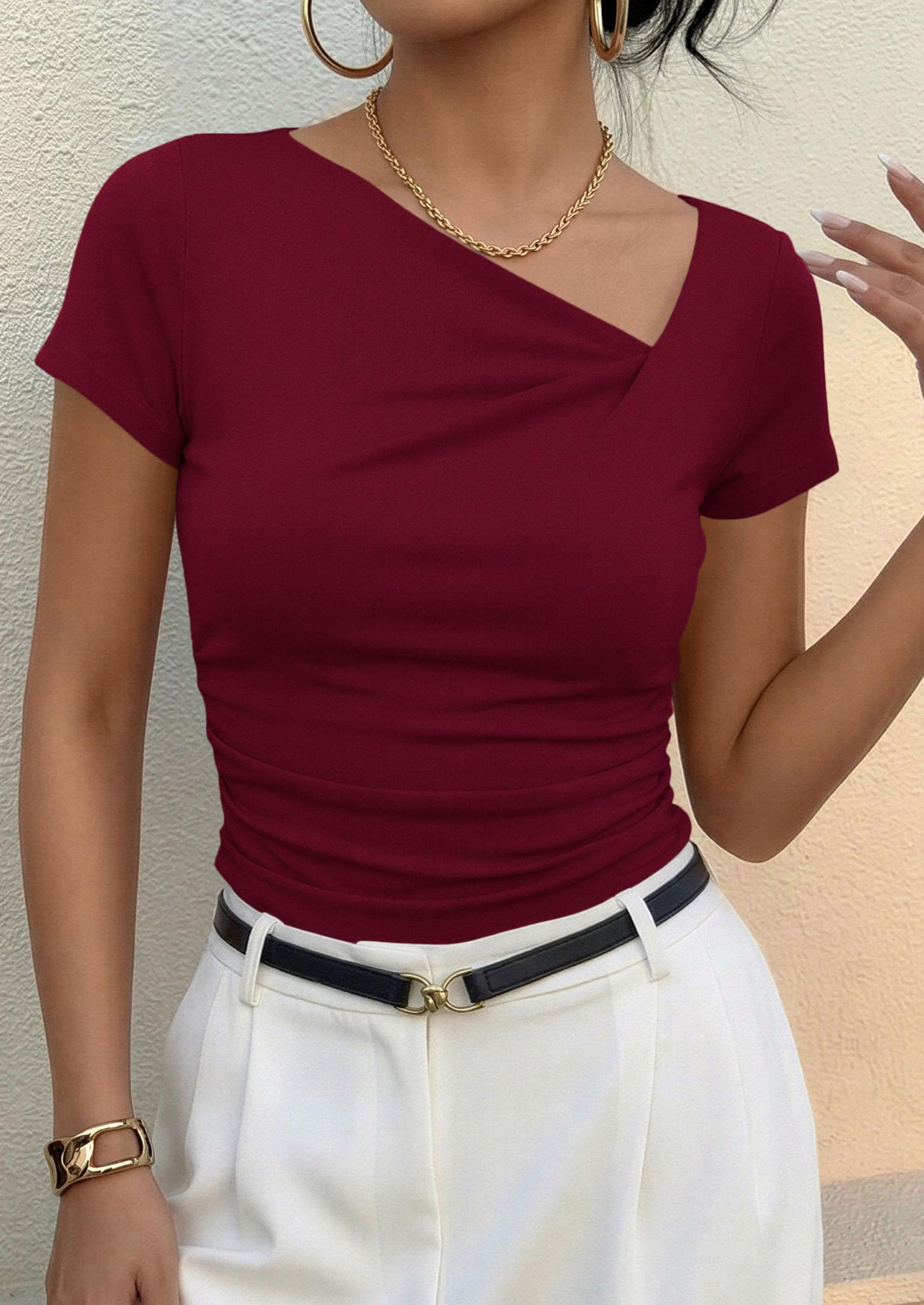 Women's Summer Trendy Asymmetrical Y2K Tops (Burgundy,S)