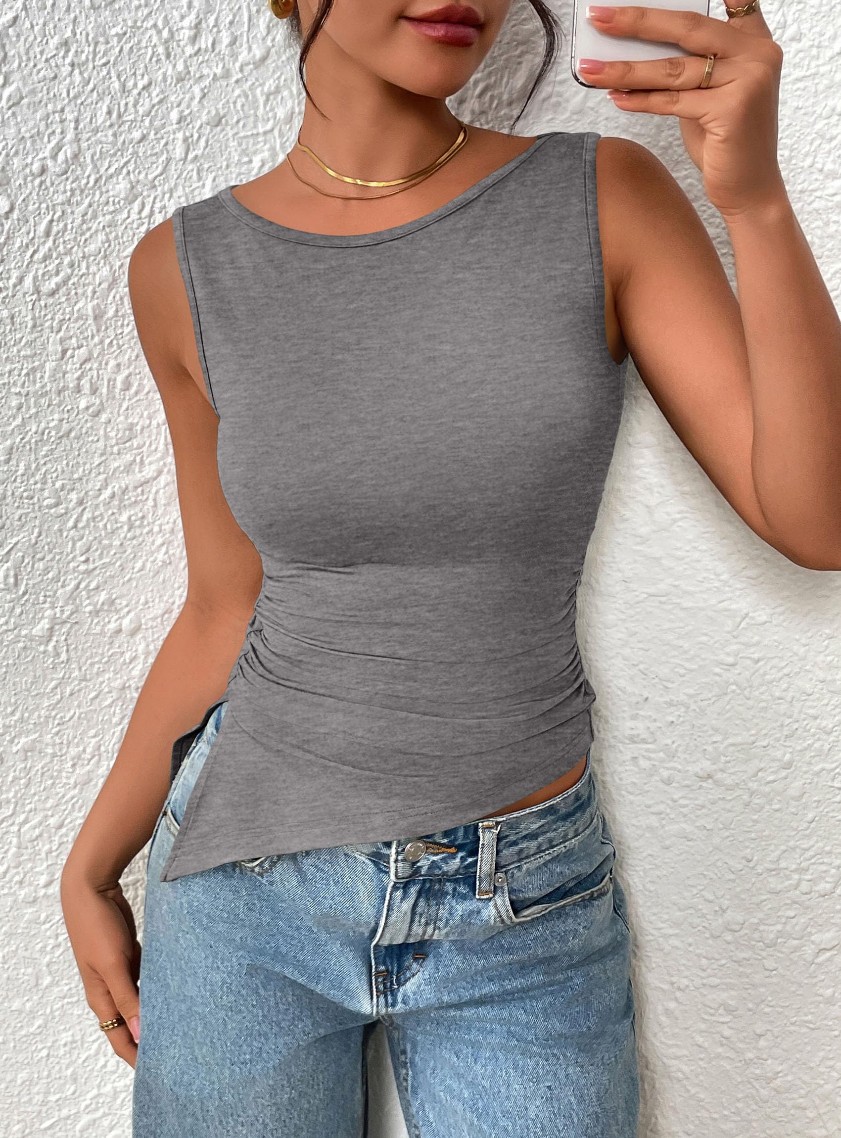 Women's Ruched Tank Tops Summer Y2K Shirts,Grey,S