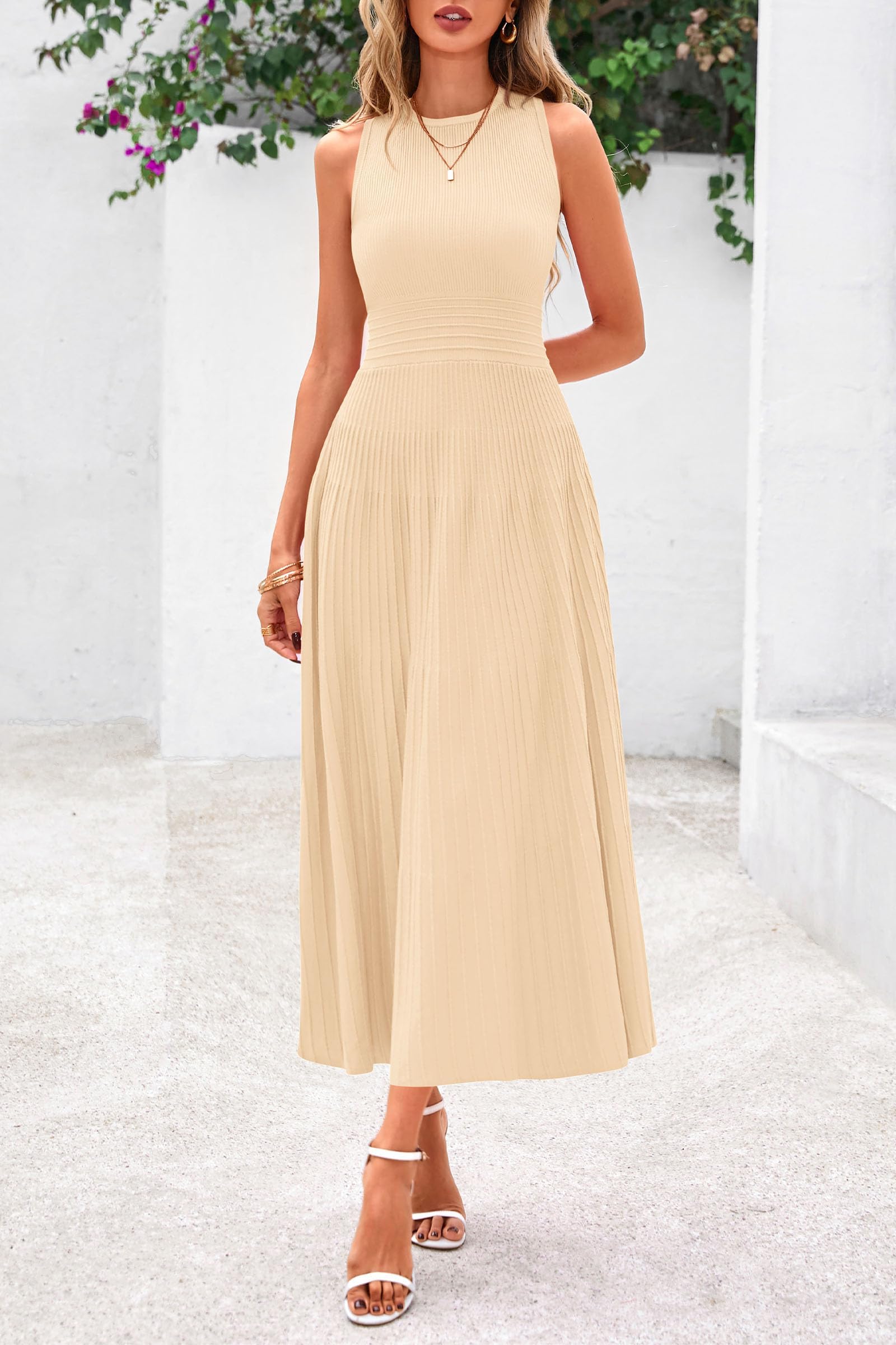 Women's Summer Pleated Midi Work Dress,Apricot,S
