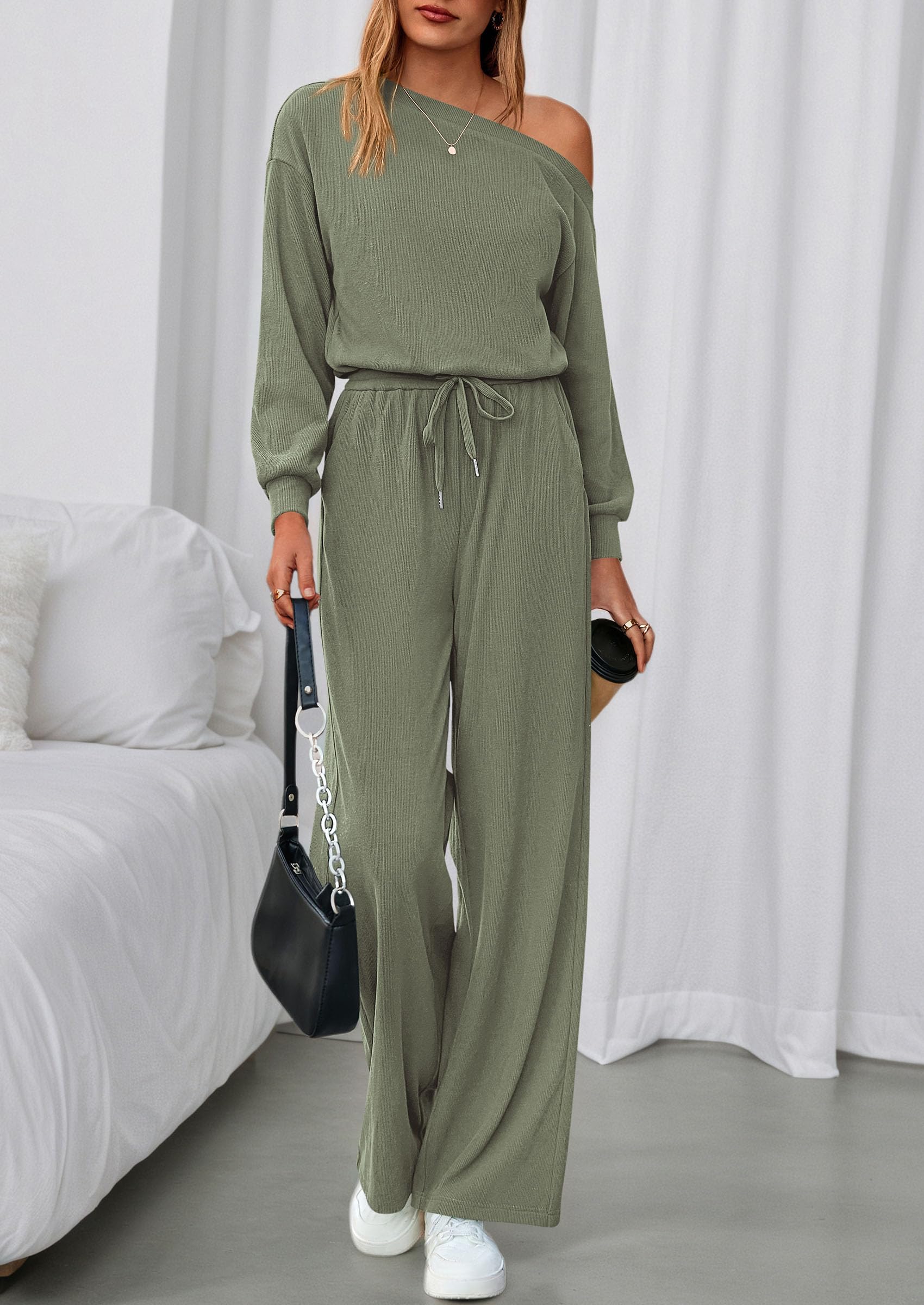 Womens Off Shoulder Long Sleeve Jumpsuit,Bean Green,S