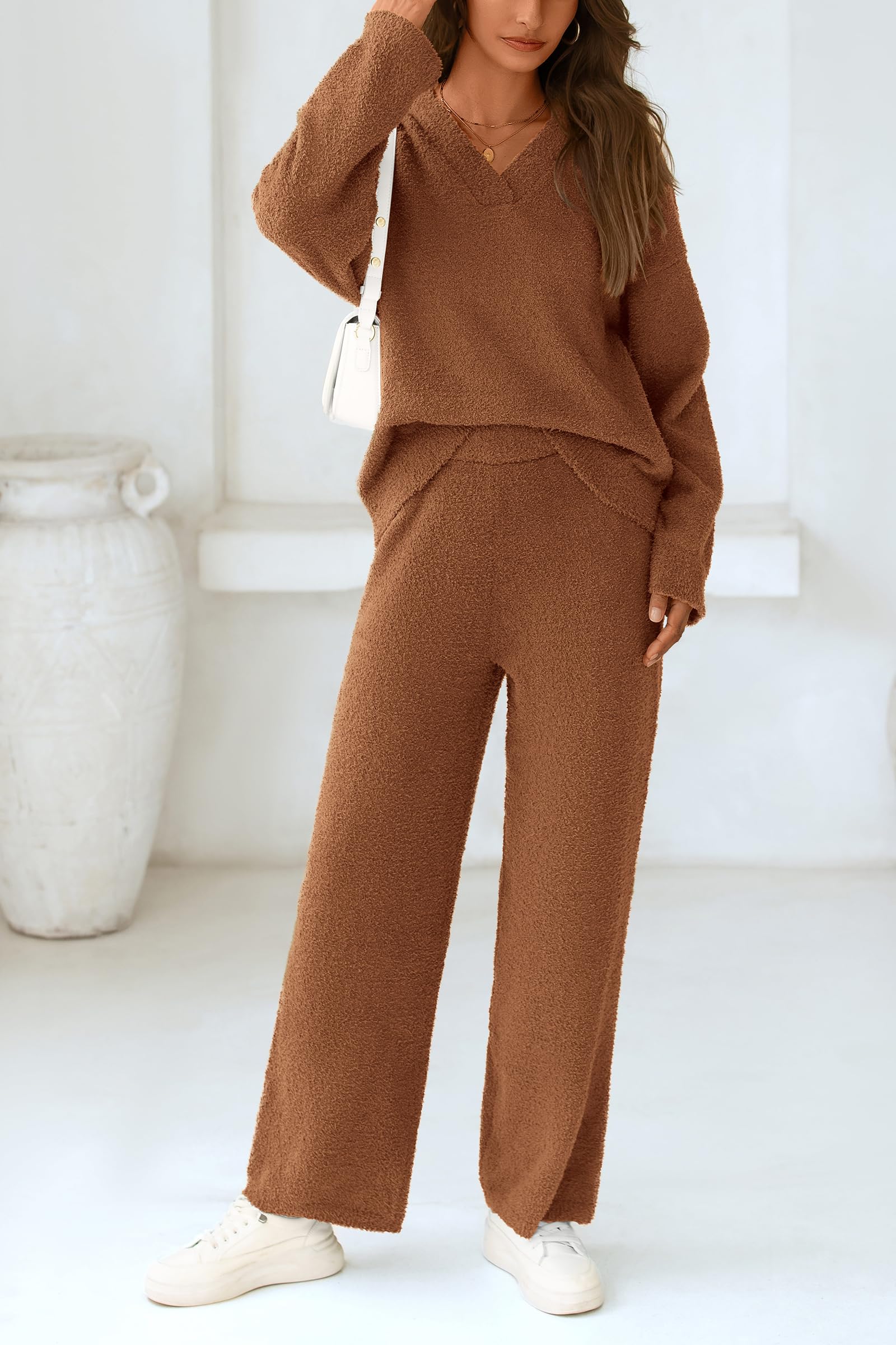 Lounge Sets for Women Fall 2 Piece Fuzzy Sweater Pajama Set