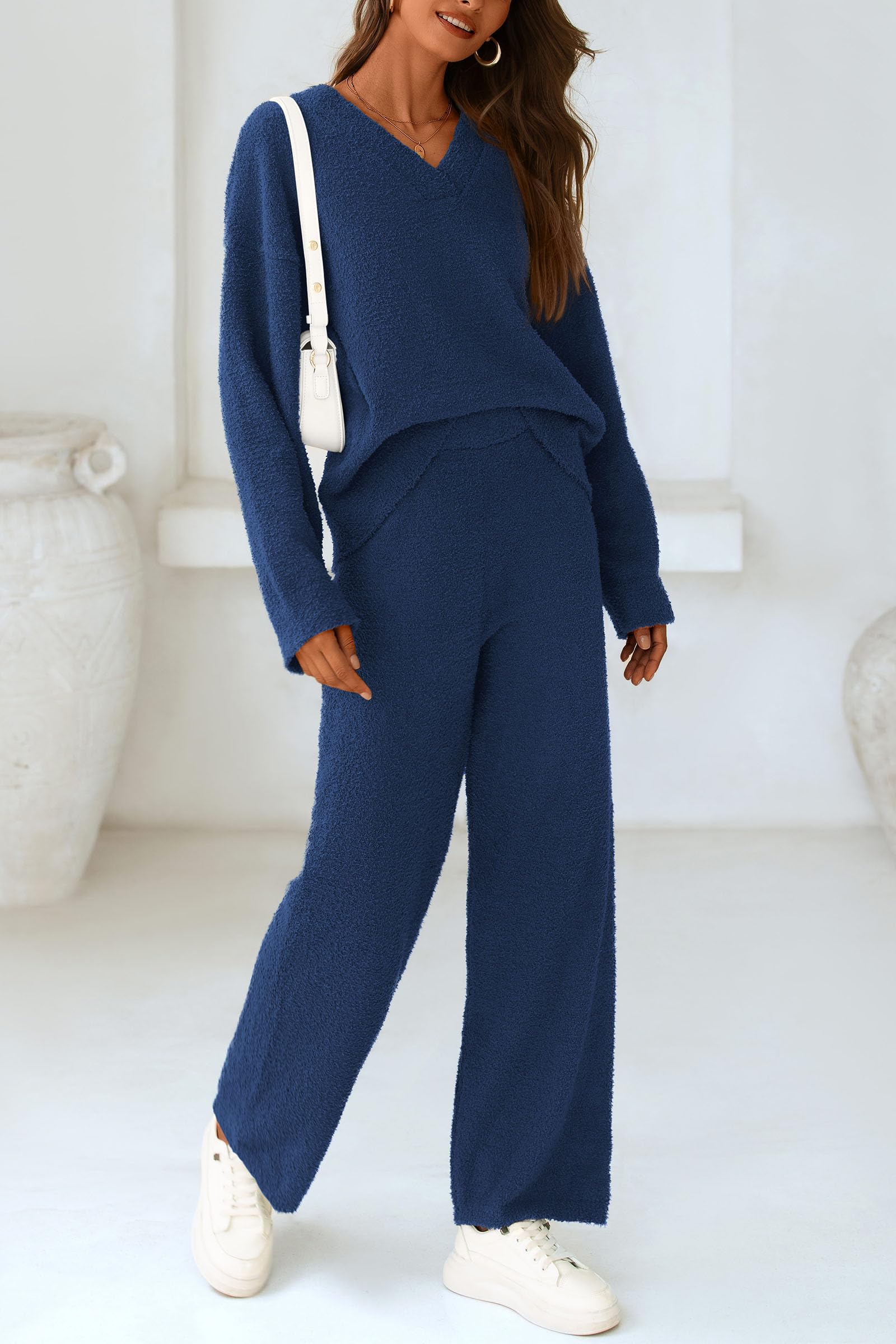 Lounge Sets for Women Fall 2 Piece Fuzzy Sweater Pajama Set